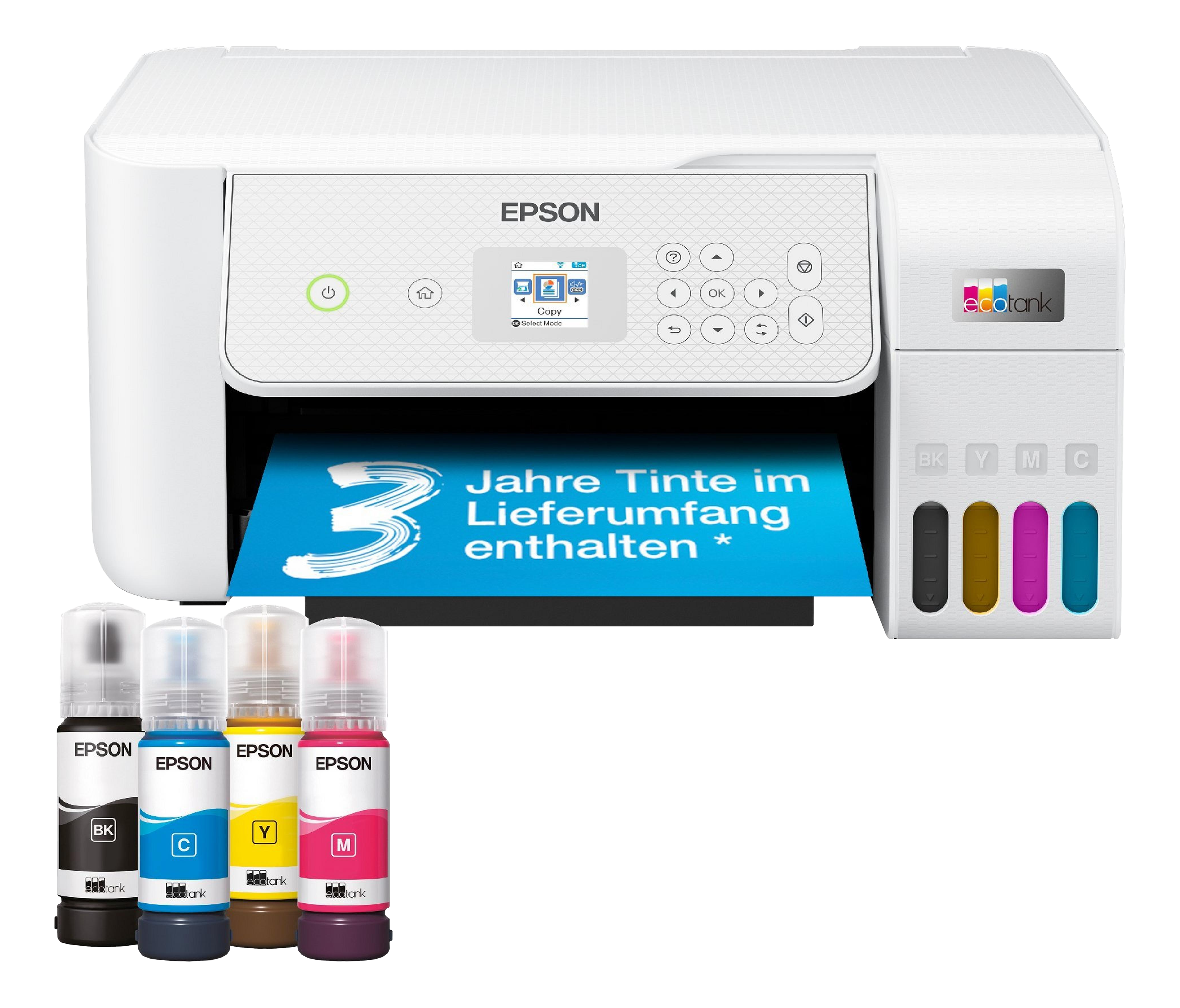 Ein Epson-Drucker mit Tintenflaschen und einem Papiereinzug mit gedrucktem Text.