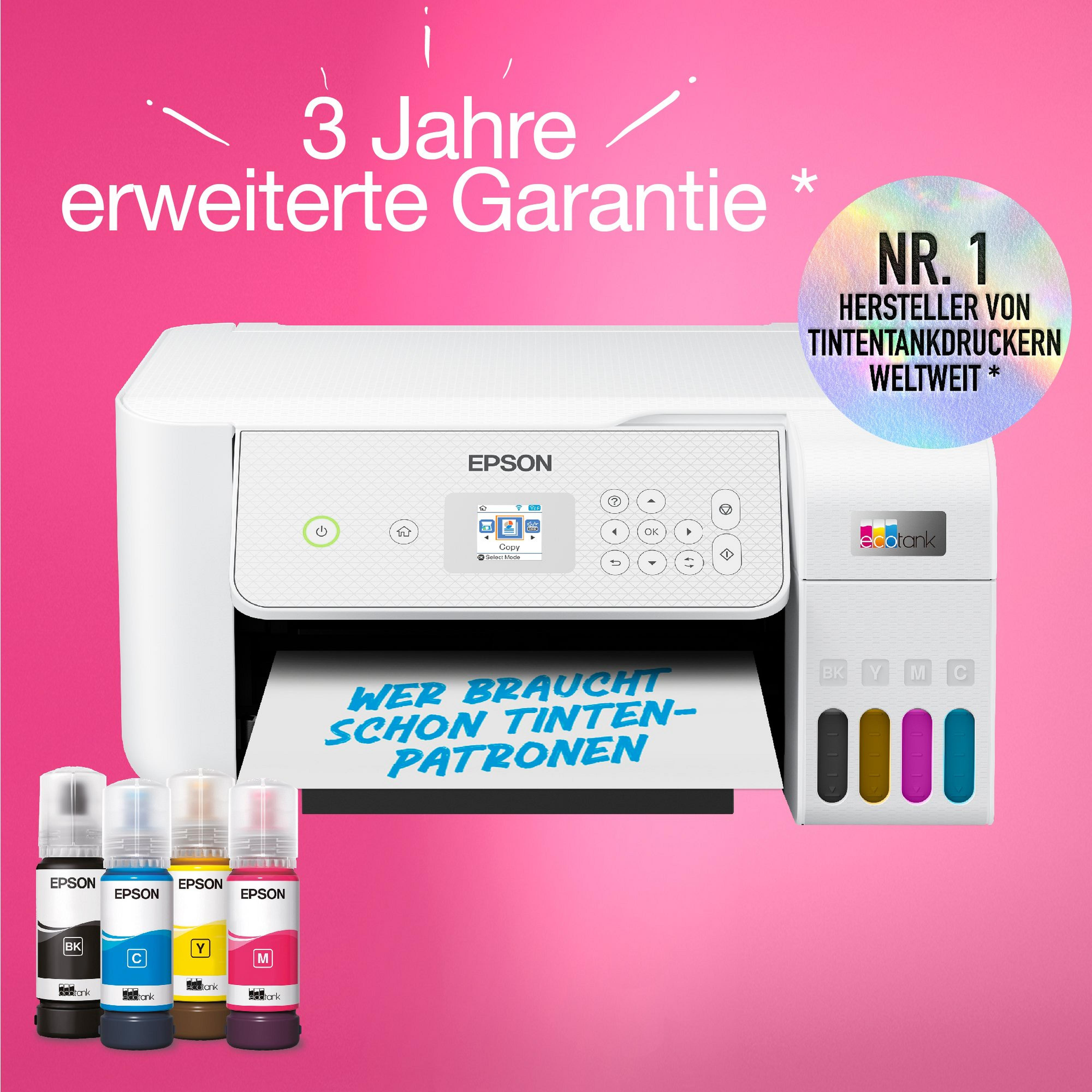 Weißer Epson-Drucker mit Tintenflaschen. Text: 3 Jahre erweiterte Garantie. Nr. 1 Tintenstrahldruckerhersteller.