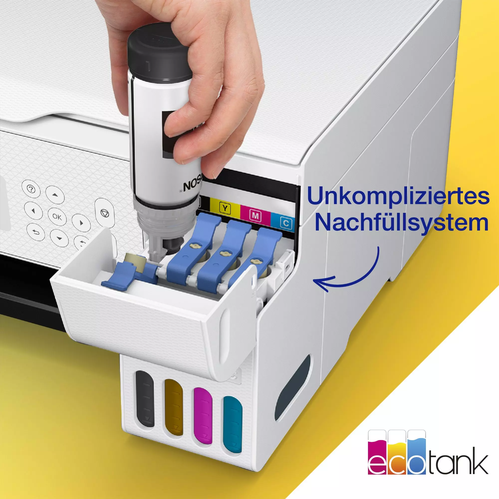 Hand gießt Tinte aus einer Flasche in den Tintenbehälter eines Epson-Druckers, Text: 'Unkompliziertes Nachfüllsystem'.