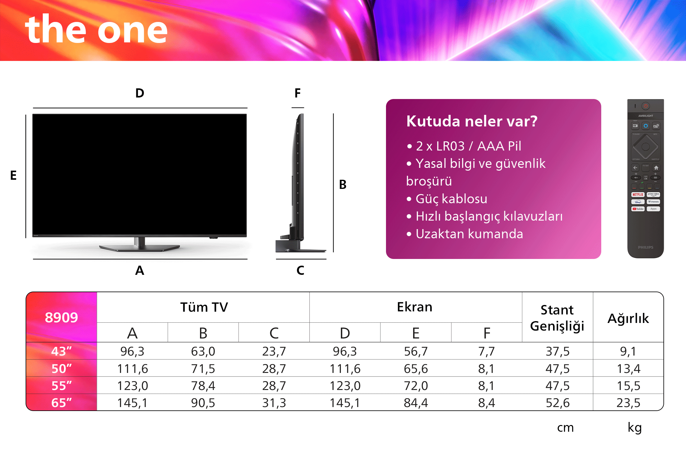 Boyutları olan bir TV ekranı ve yanında bir uzaktan kumanda.