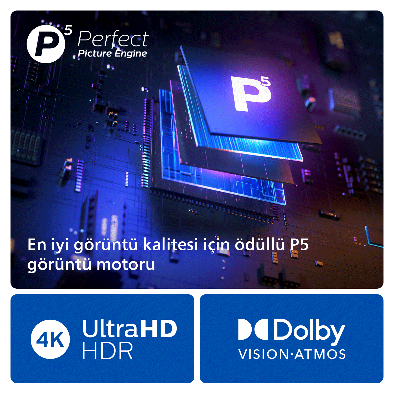 4K Ultra HD ve Dolby Vision Atmos hakkında bir yonga seti, logolar ve metin içeren görüntü.