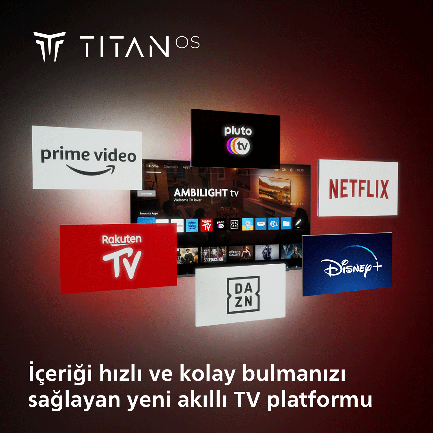 Birden fazla yayın hizmetinin logolarını gösteren bir TV ekranı. Logolar arasında Prime Video, Netflix ve Disney+ bulunur.