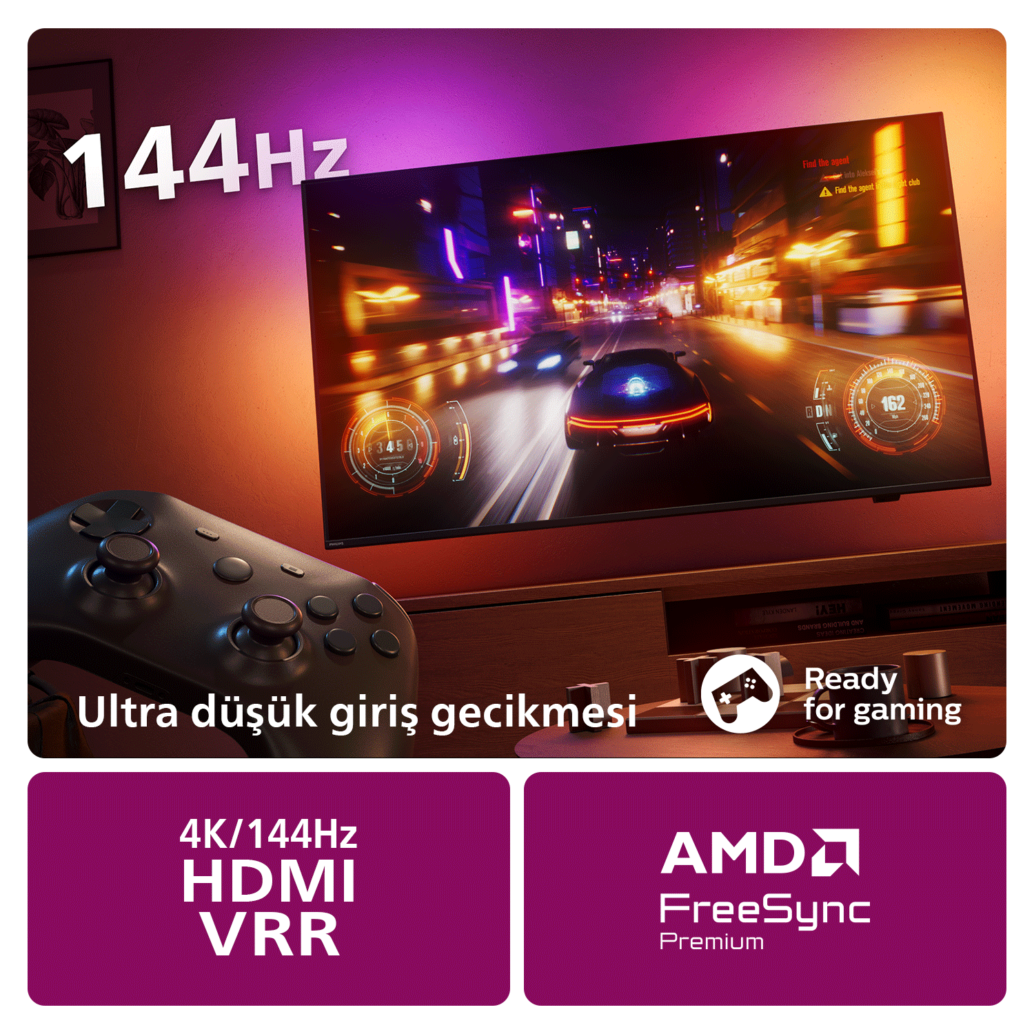 Ekranda metin ve bir gamepad ile yarış oyunu gösteren bir TV.