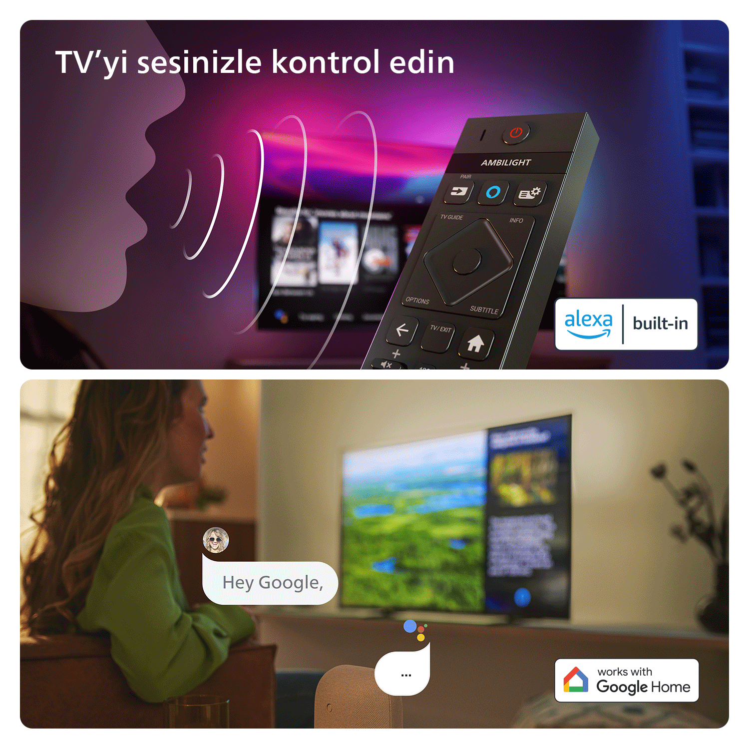 Kadın sesiyle TV'yi kontrol ediyor; Alexa ve Google Home ile uzaktan kumanda.