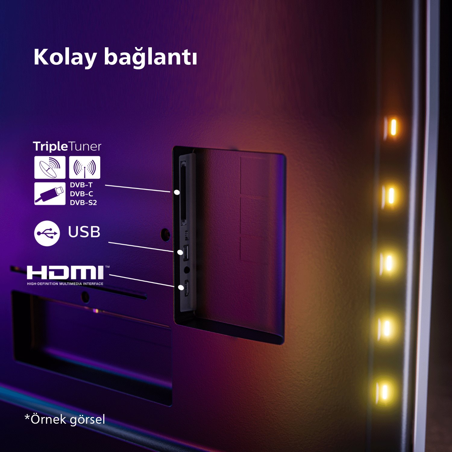 TV arka paneli, portlar: Triple Tuner, USB, HDMI. Metin: Kolay bağlantı. Yanlardaki ışıklar.