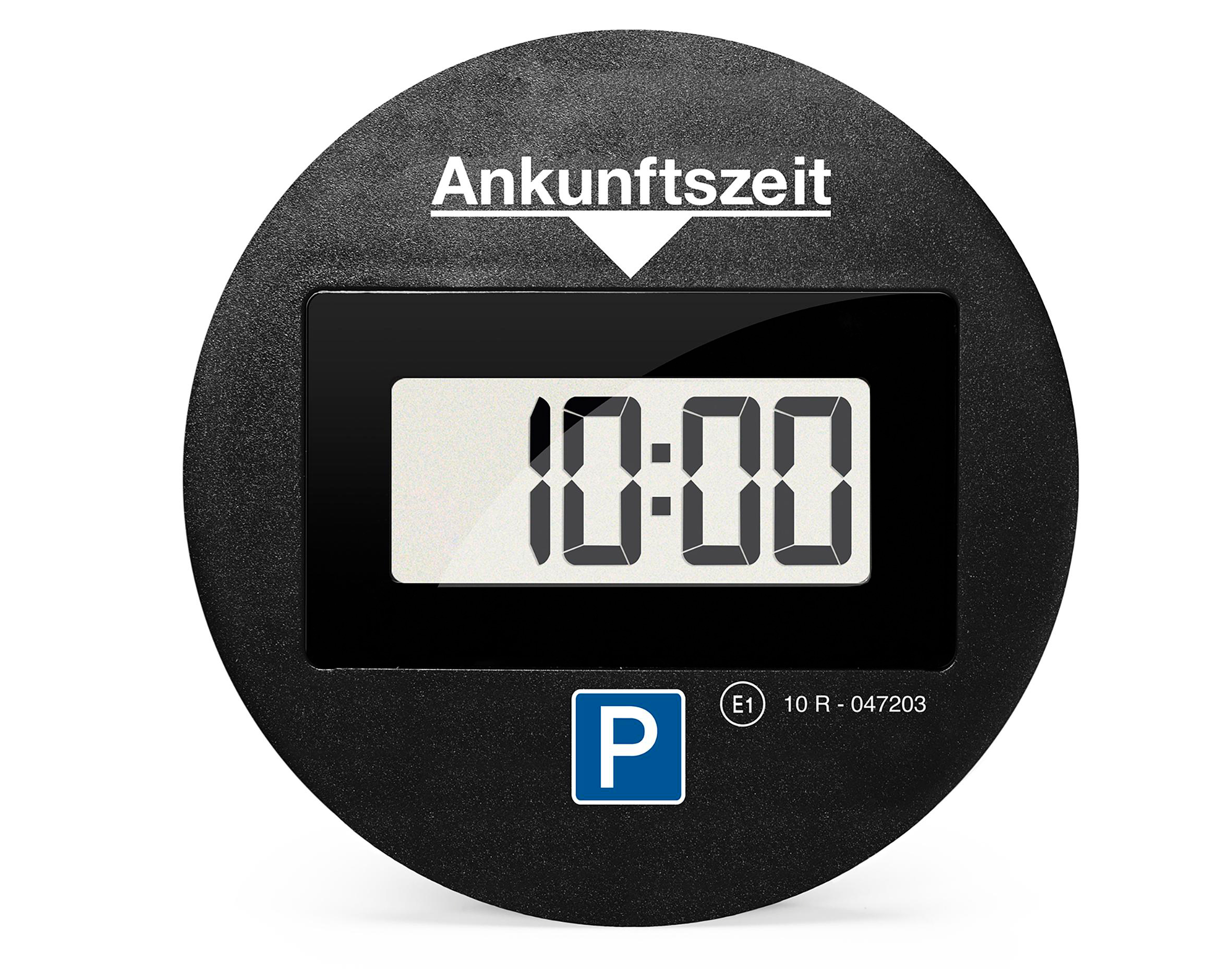 Eine schwarze Parkscheibe mit digitaler Anzeige 10:00 und dem Buchstaben 'P'.