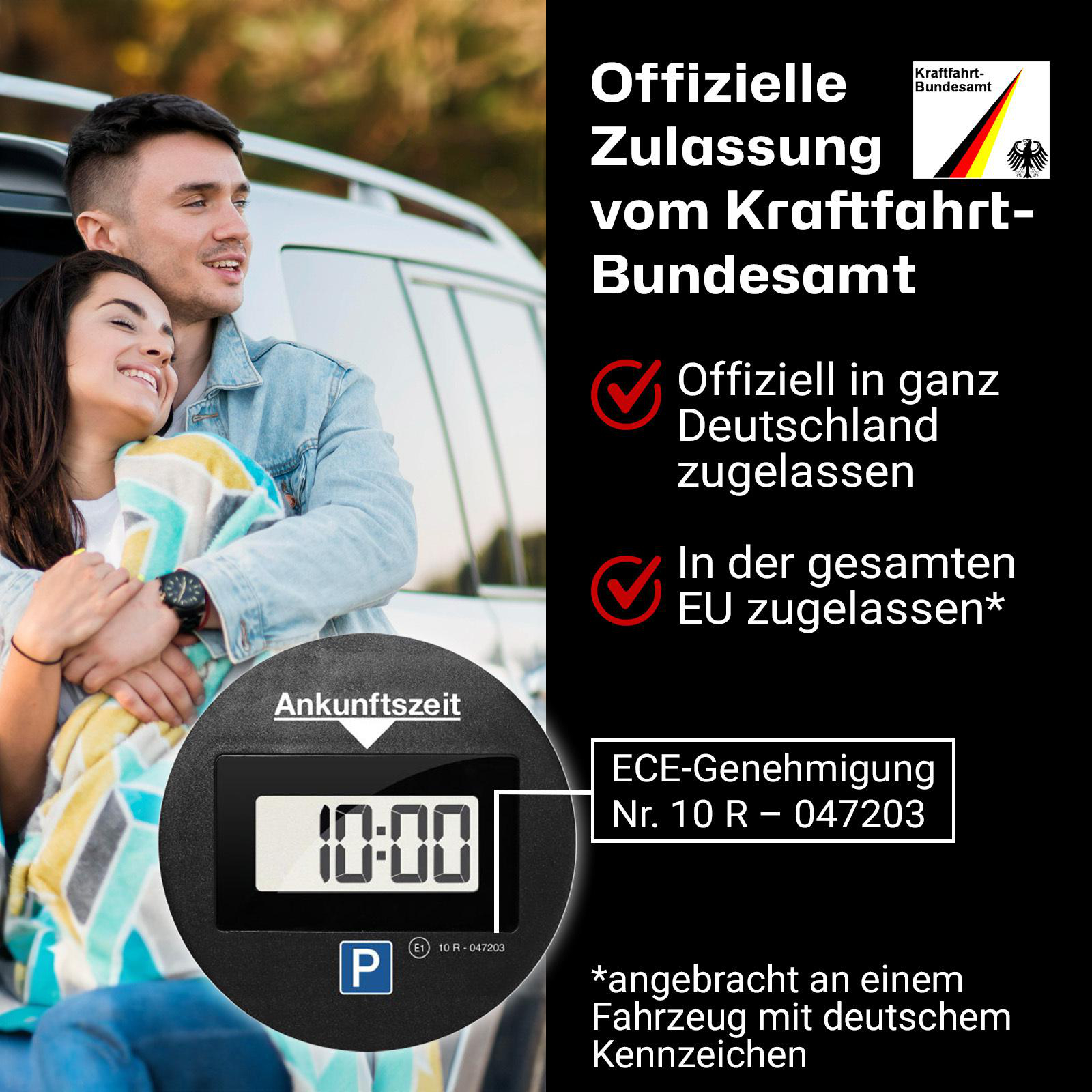 Paar umarmt sich, ein Parksensor und Text über offizielle Genehmigungen und Parkzeit.