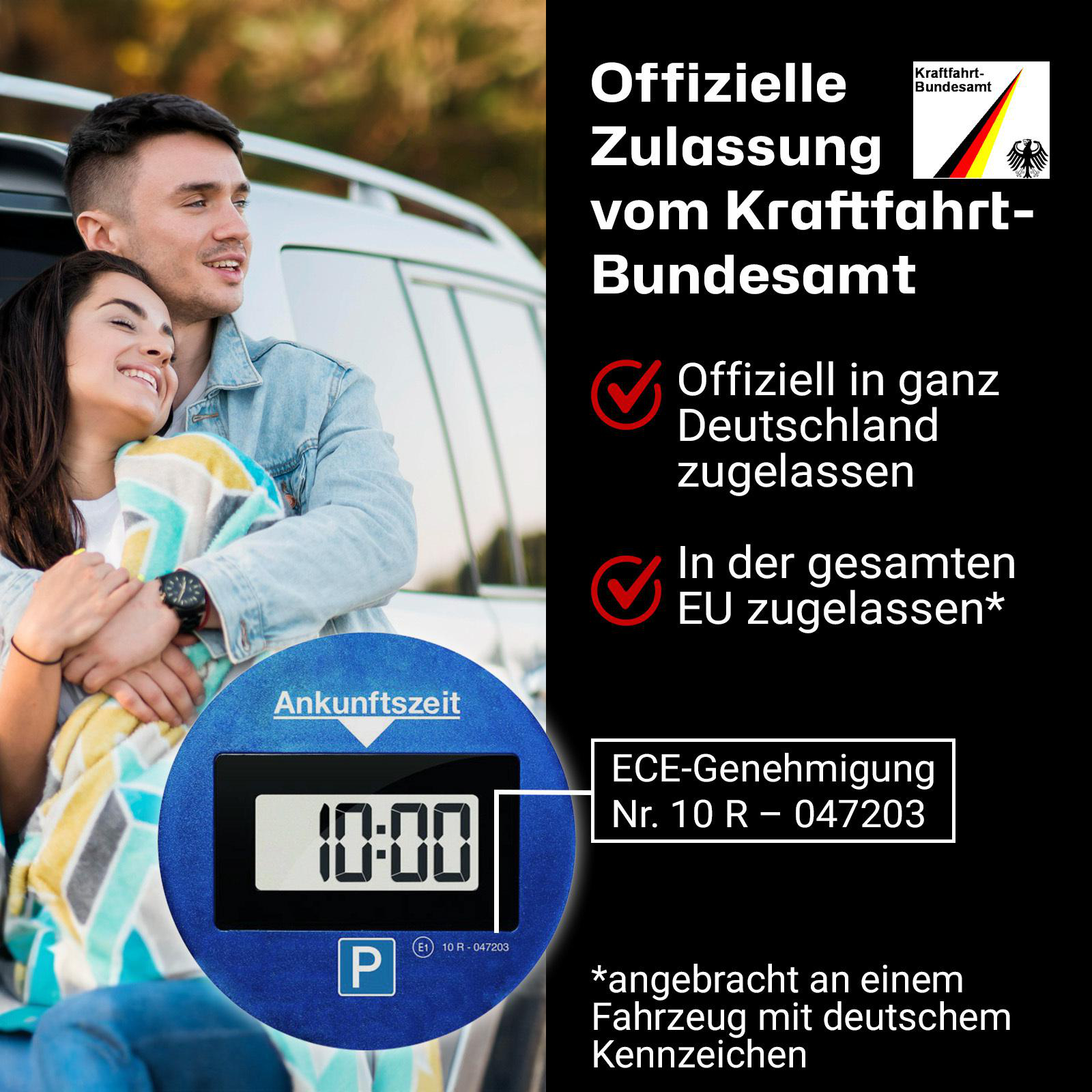 Paar in der Nähe eines Autos mit Parkuhr, mit Text über die offizielle Zulassung.