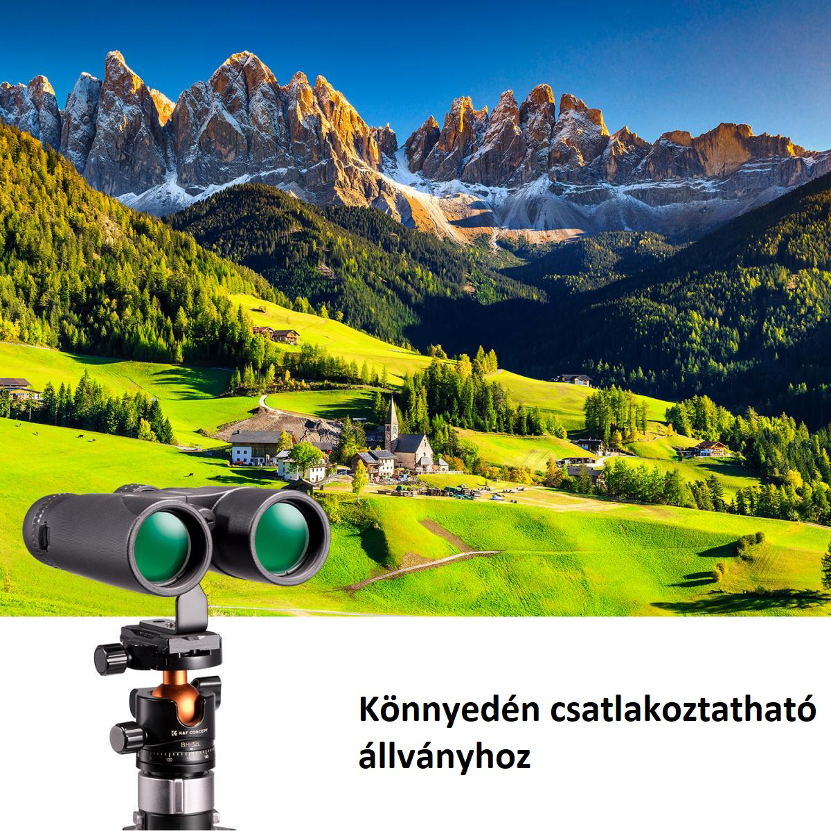 Távcső állványon, hegyvonulat és zöld völgy kilátással. Szöveg: Könnyen csatlakoztatható állvány.