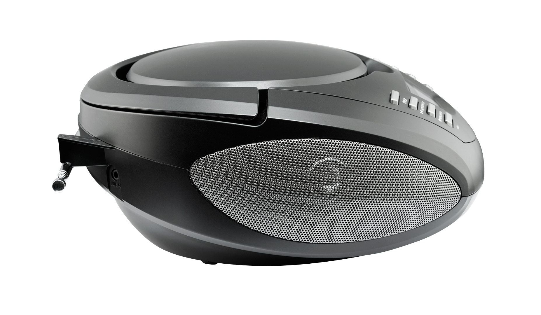 Schwarzer und grauer tragbarer CD-Player. Abgerundetes Design mit Lautsprecher und Knöpfen.