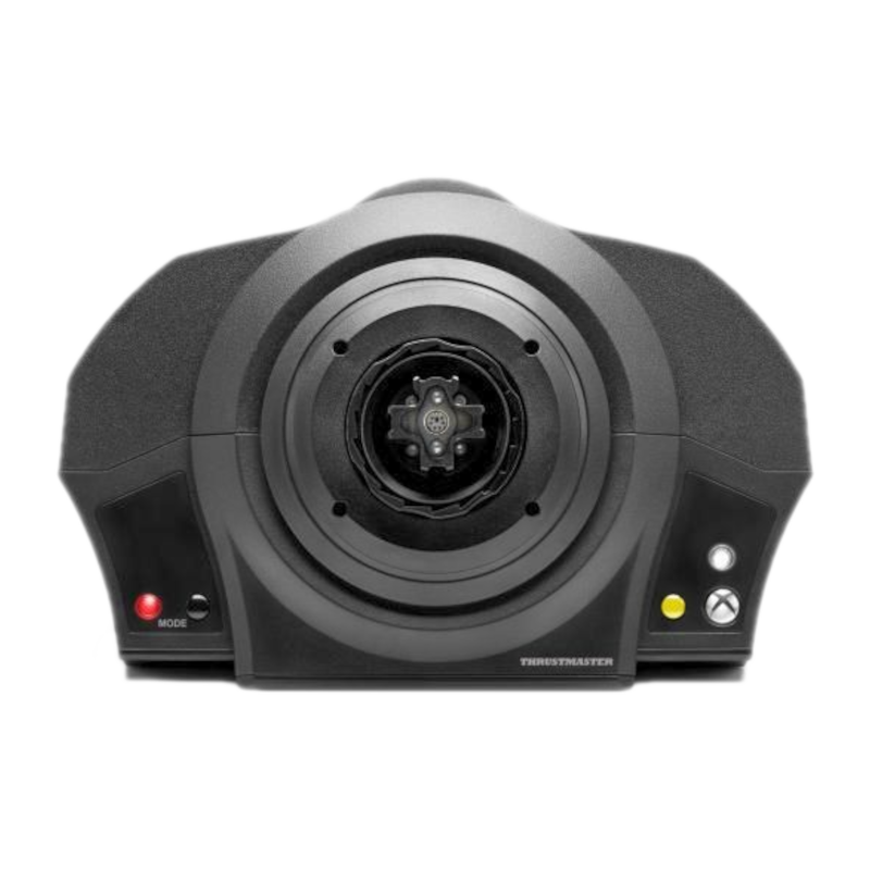 Eine schwarze Thrustmaster-Rennradbasis mit Knöpfen und zentralem Schnellspanner vor schwarzem Hintergrund.