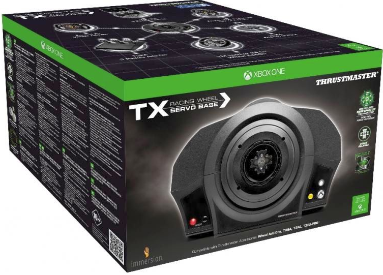 Verpackung der Thrustmaster TX Racing Wheel Servo Base für Xbox One, mit dem Gerät abgebildet.