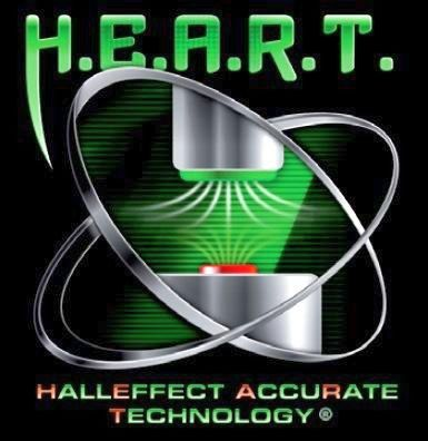 Logo mit grünem Text H.E.A.R.T. und Hall Effect Accurate Technology um eine metallische Sensorikgrafik.