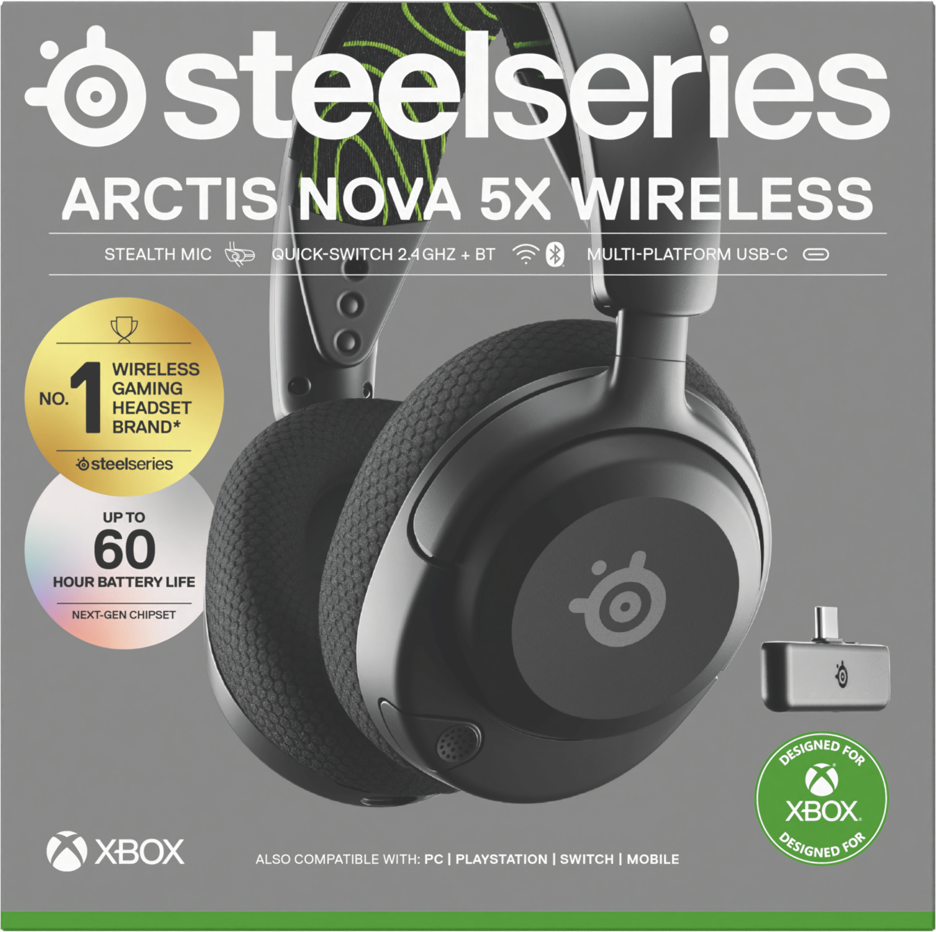 Schwarzes und graues Gaming-Headset mit weißem Text und Logo auf weißem Hintergrund.
