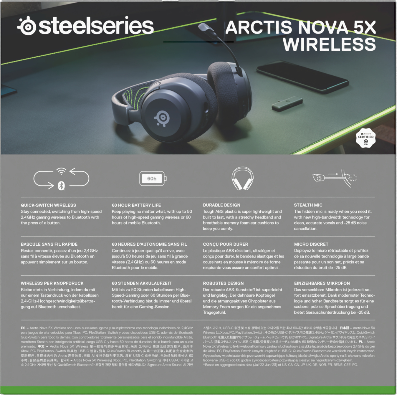 Schwarzes und graues SteelSeries Arctis Nova 5X Headset mit Text und Symbolen zu seinen Funktionen.