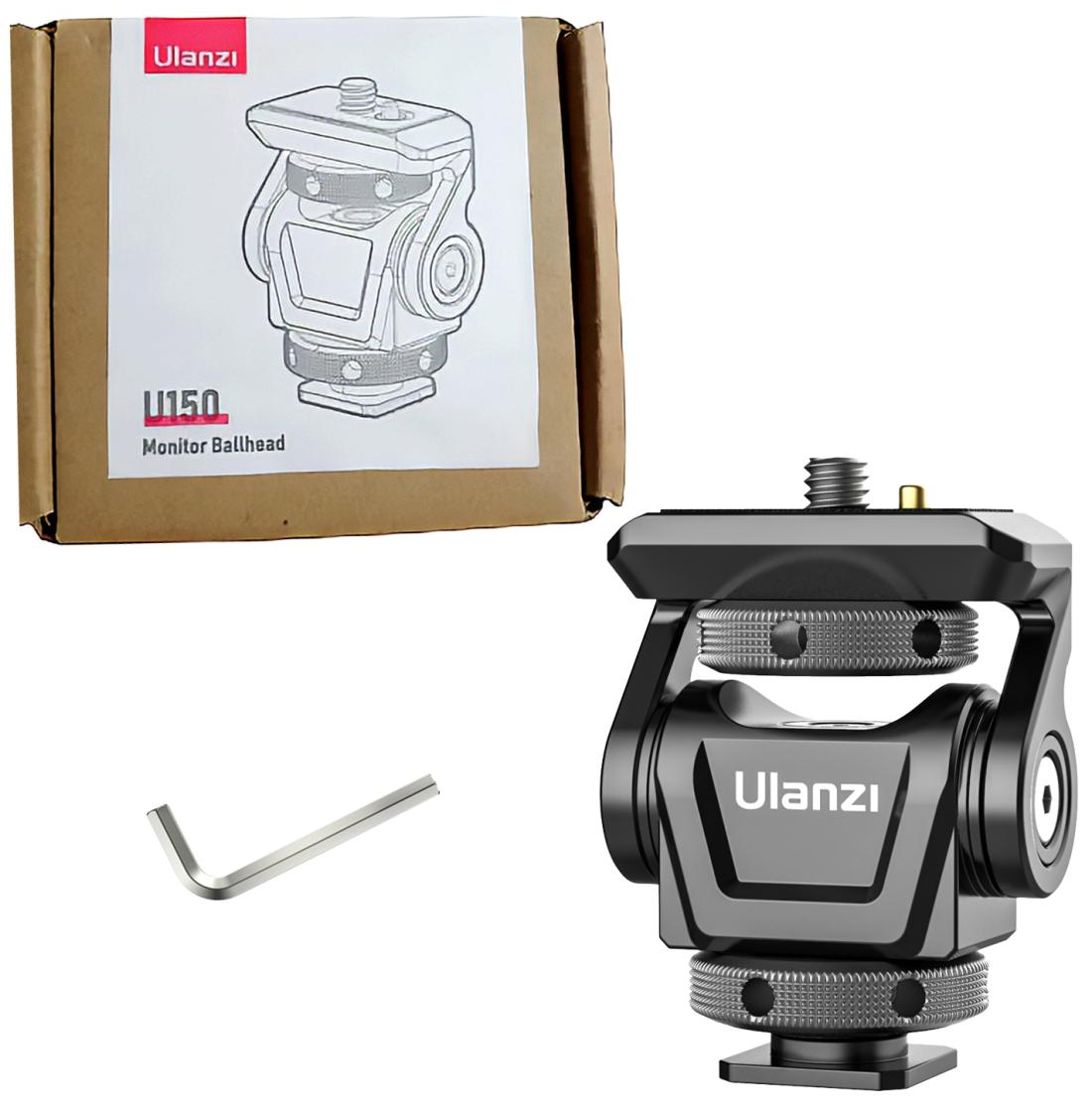 Egy Ulanzi U150 Monitor Ballhead, doboz és egy imbuszkulcs. A gömbfej fekete.
