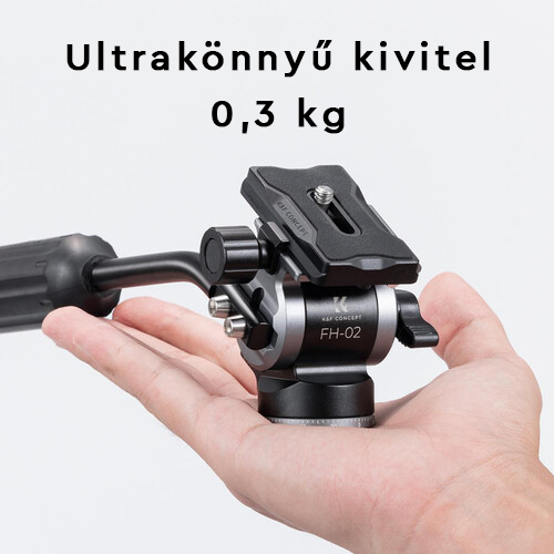 Egy kis fekete kameratriport a kézben tartva. A szöveg szerint 0,3 kg a súlya.