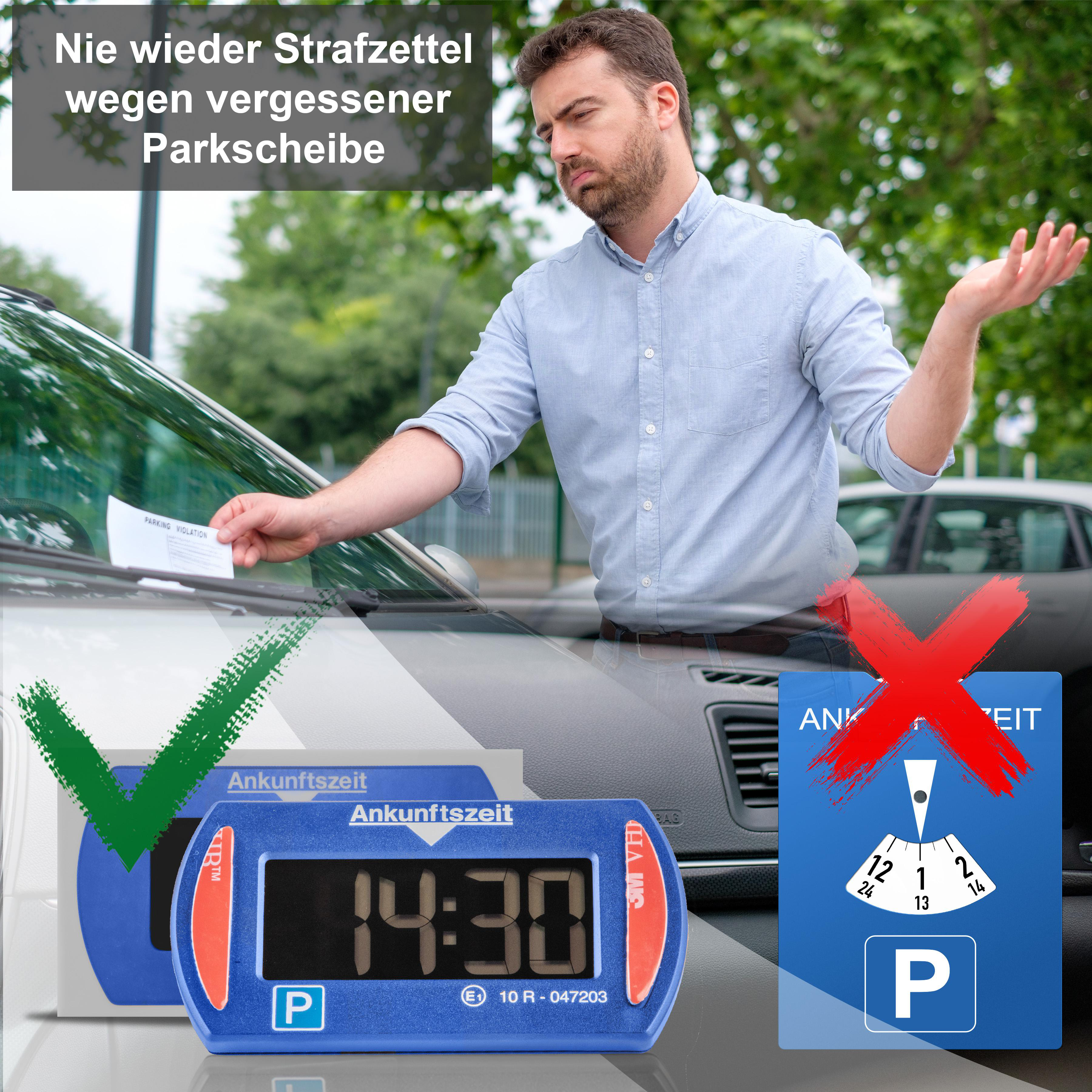 Mann betrachtet Parkticket mit Parkuhr.