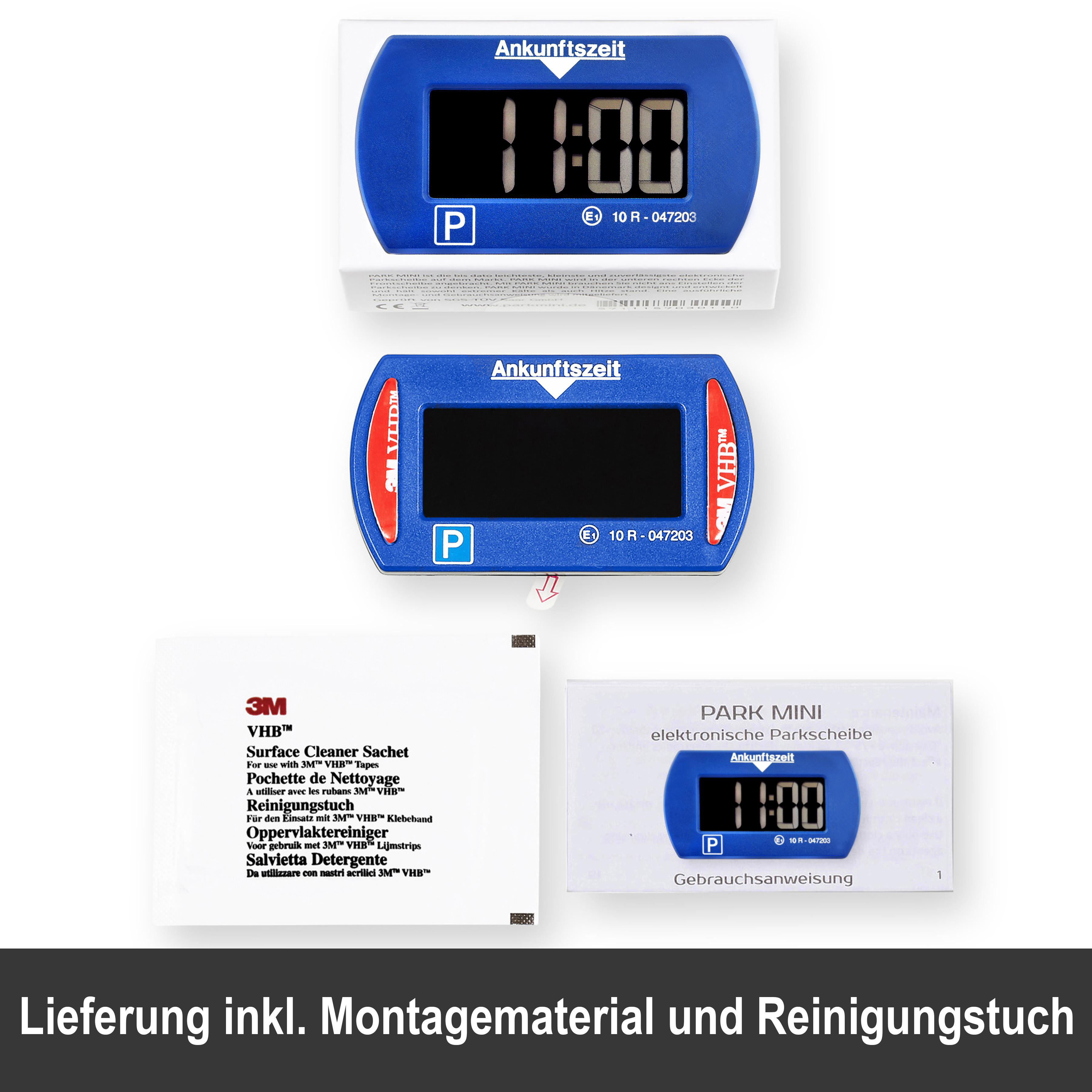 Parkuhr mit Anzeige und Anweisungen. Mehrere Artikel werden gezeigt.