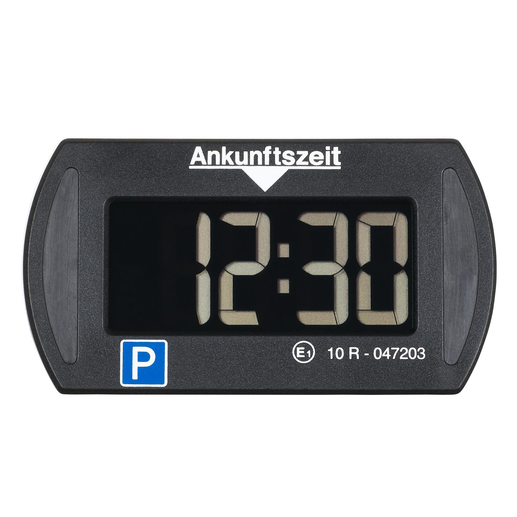 Ein schwarzer digitaler Parkzeitzähler, der 12:30 anzeigt. Text 'Ankunftszeit' oben, 'P' und weitere Infos.