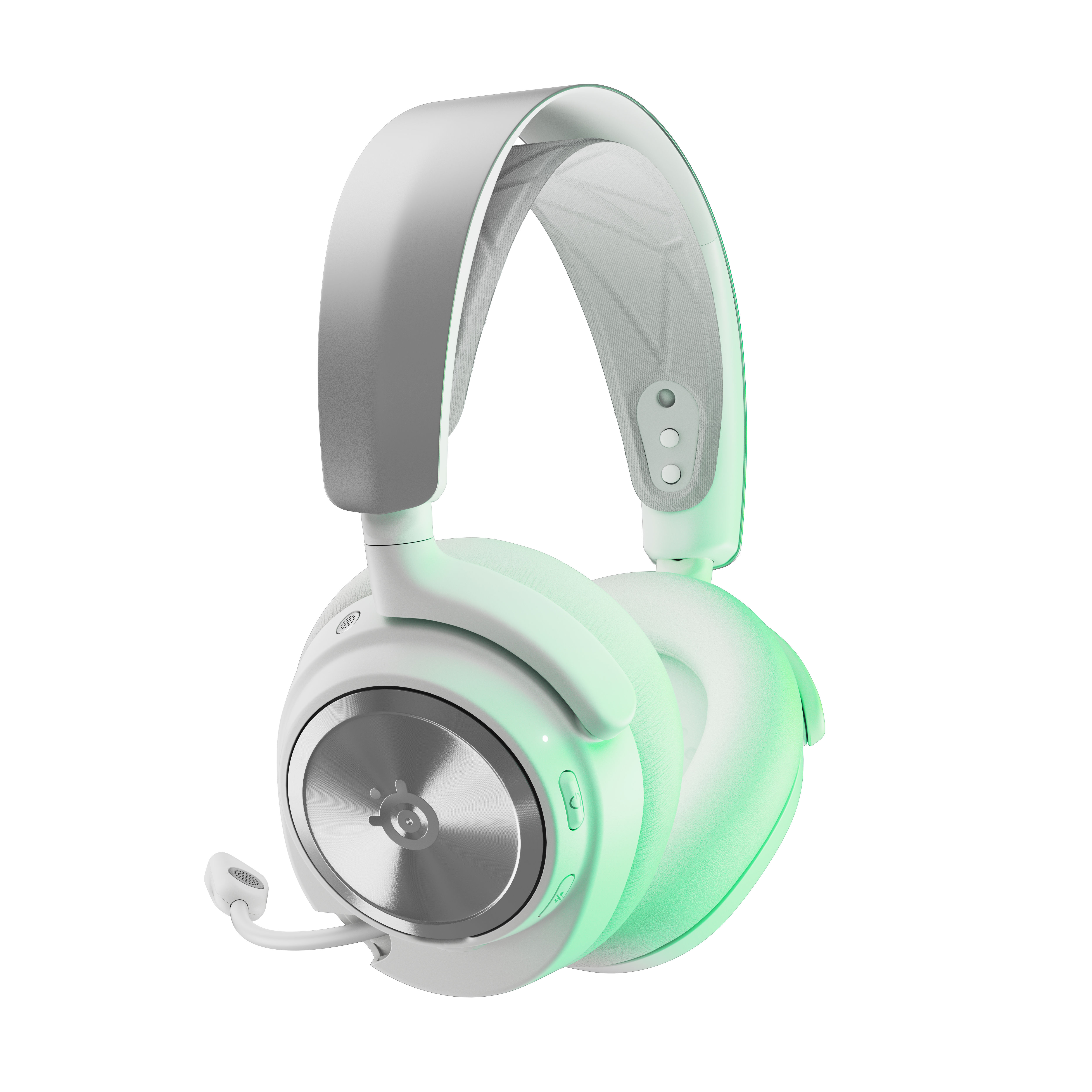 Weißes und silbernes Gaming-Headset mit Mikrofon und Ohrhörern mit grünem Farbverlauf.