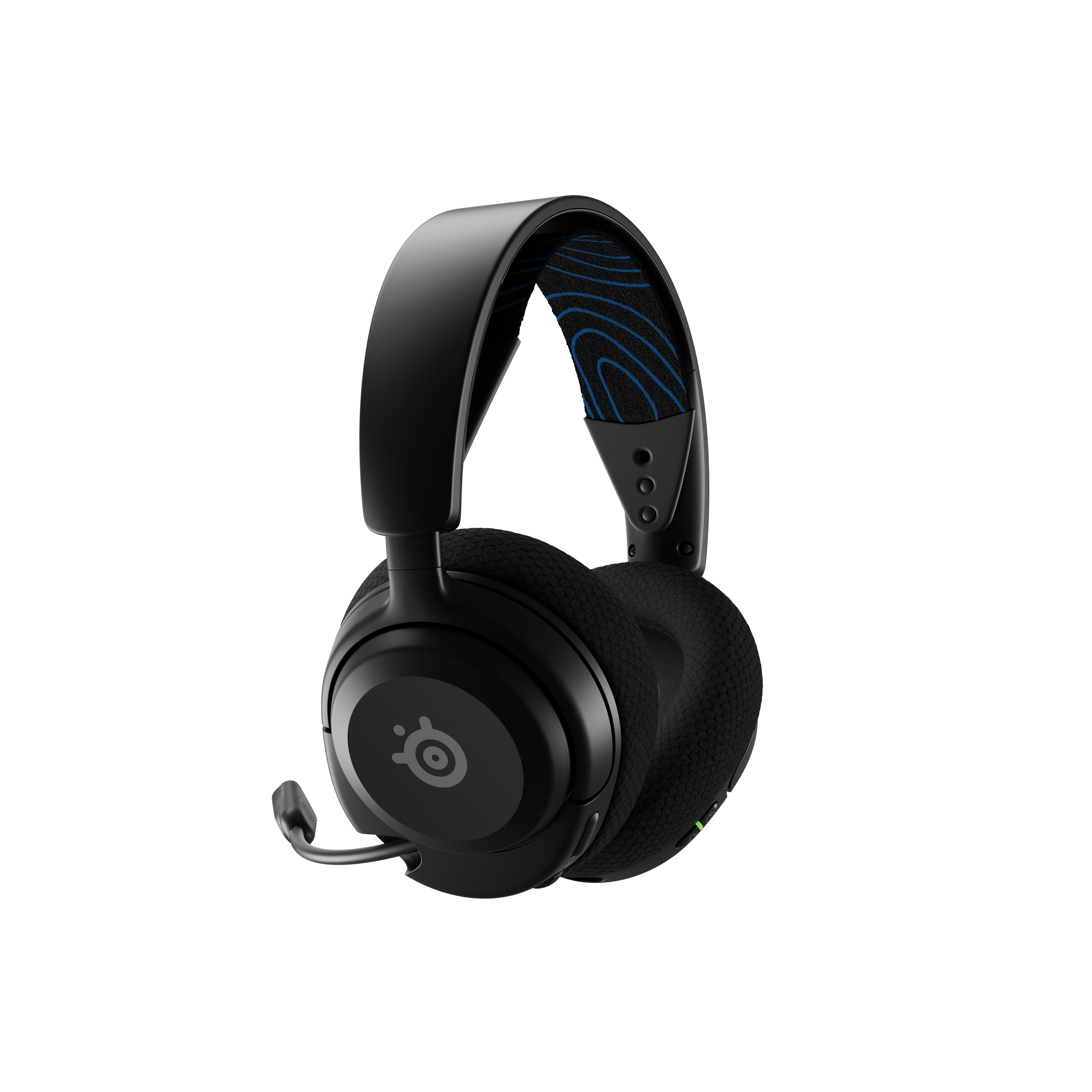 Schwarzes Gaming-Headset mit Mikrofon. Das Design enthält blaue Akzente und ein Logo.