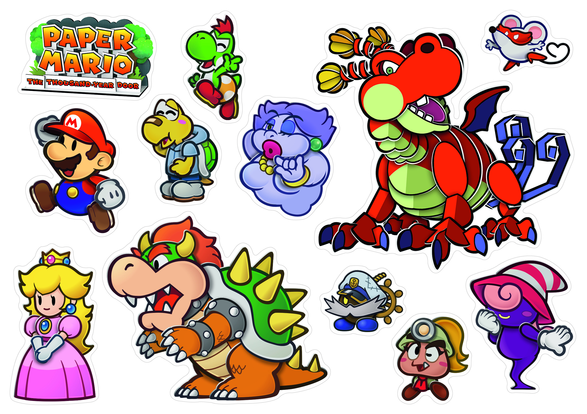 Postacie z gry Paper Mario. Mario, Peach, Bowser, Yoshi i inne postacie są widoczne.