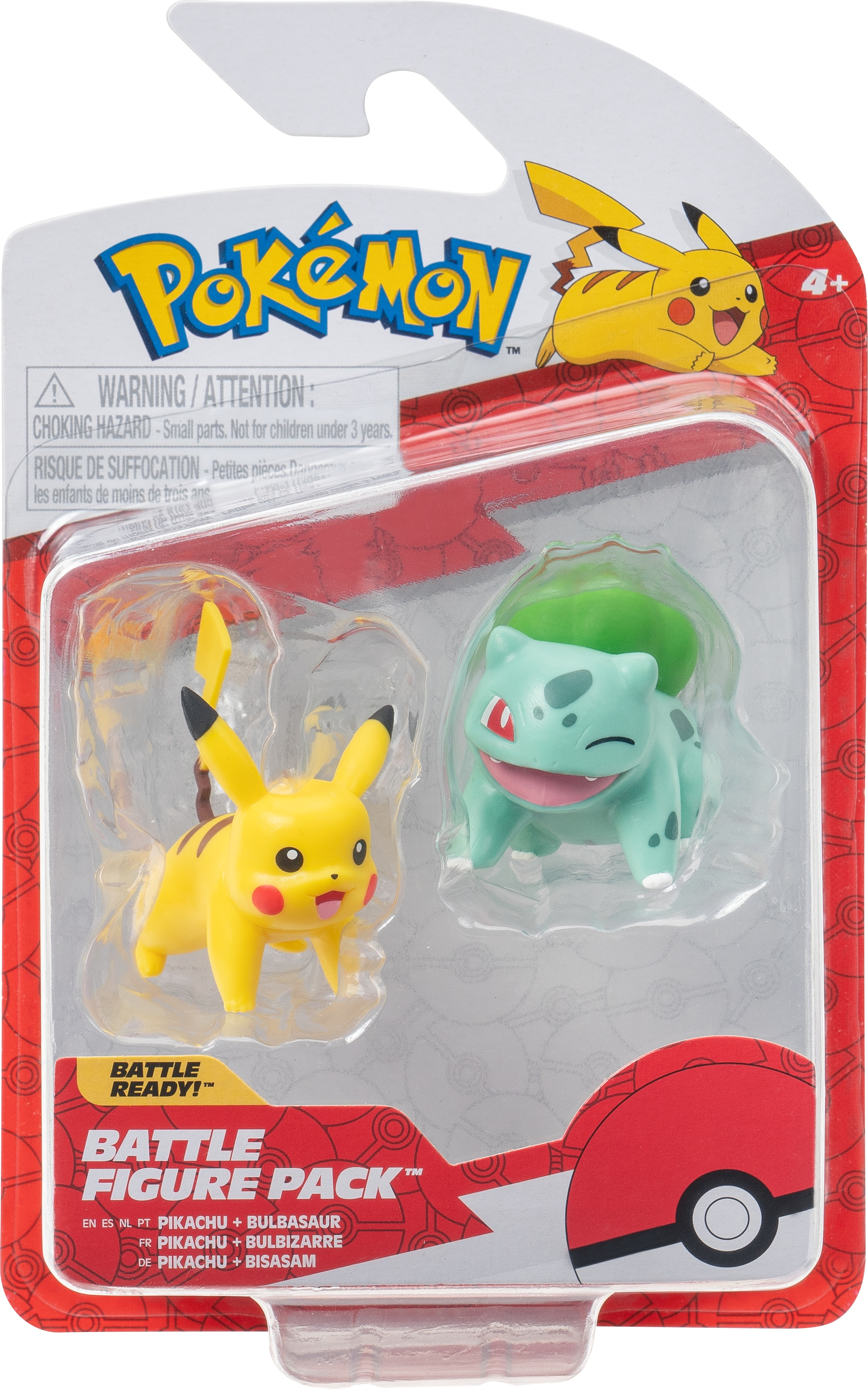 Confezione di giocattoli Pokemon, personaggi di Pikachu e Bulbasaur.