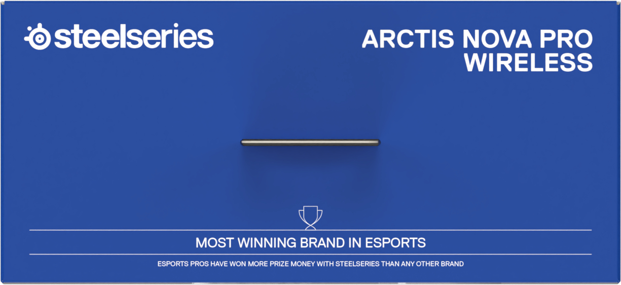 Blauer Hintergrund mit 'steelseries' und 'arctis nova pro wireless' Text und Trophäe.
