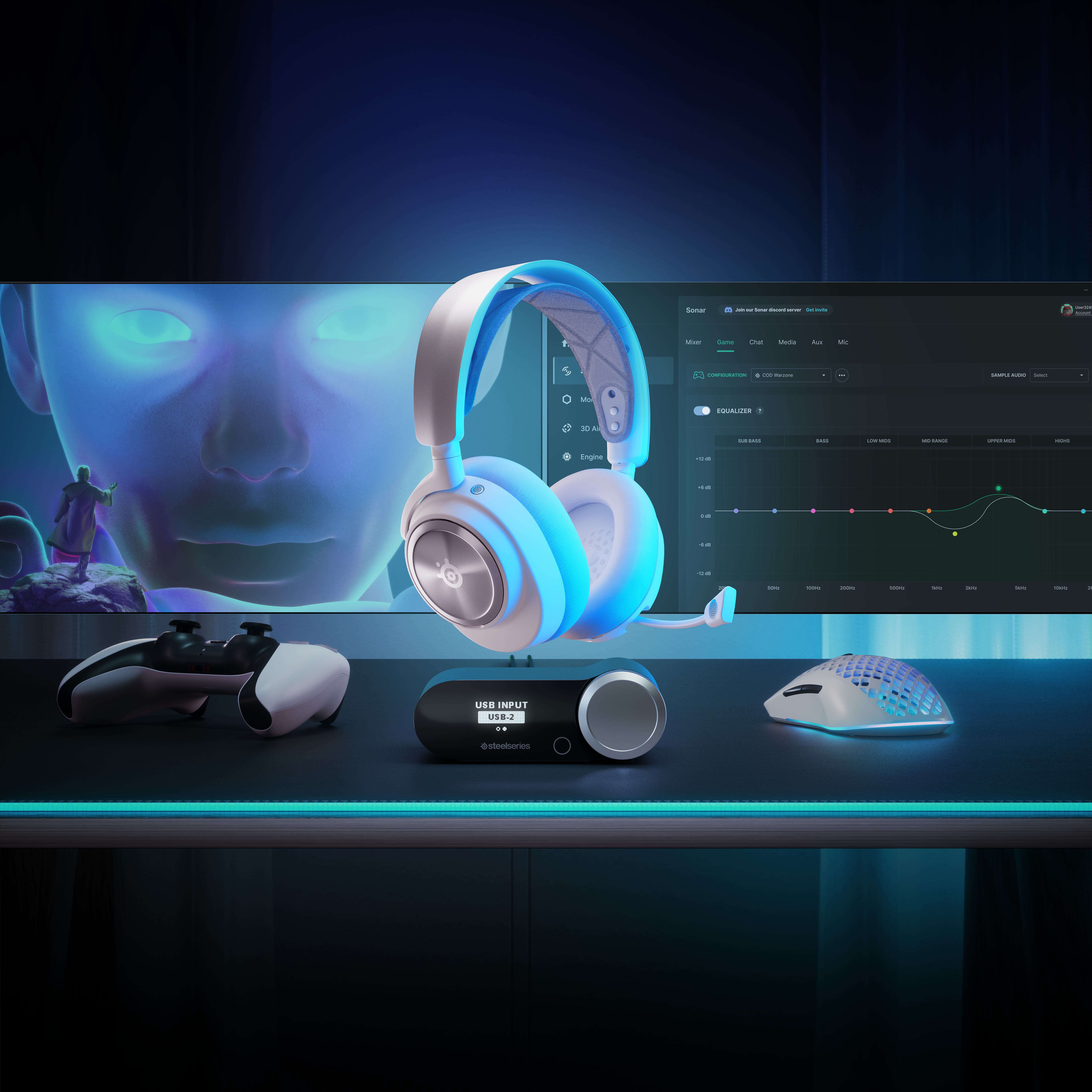 Gaming-Setup mit Headset, Controller, Maus und Bildschirm mit Equalizer.