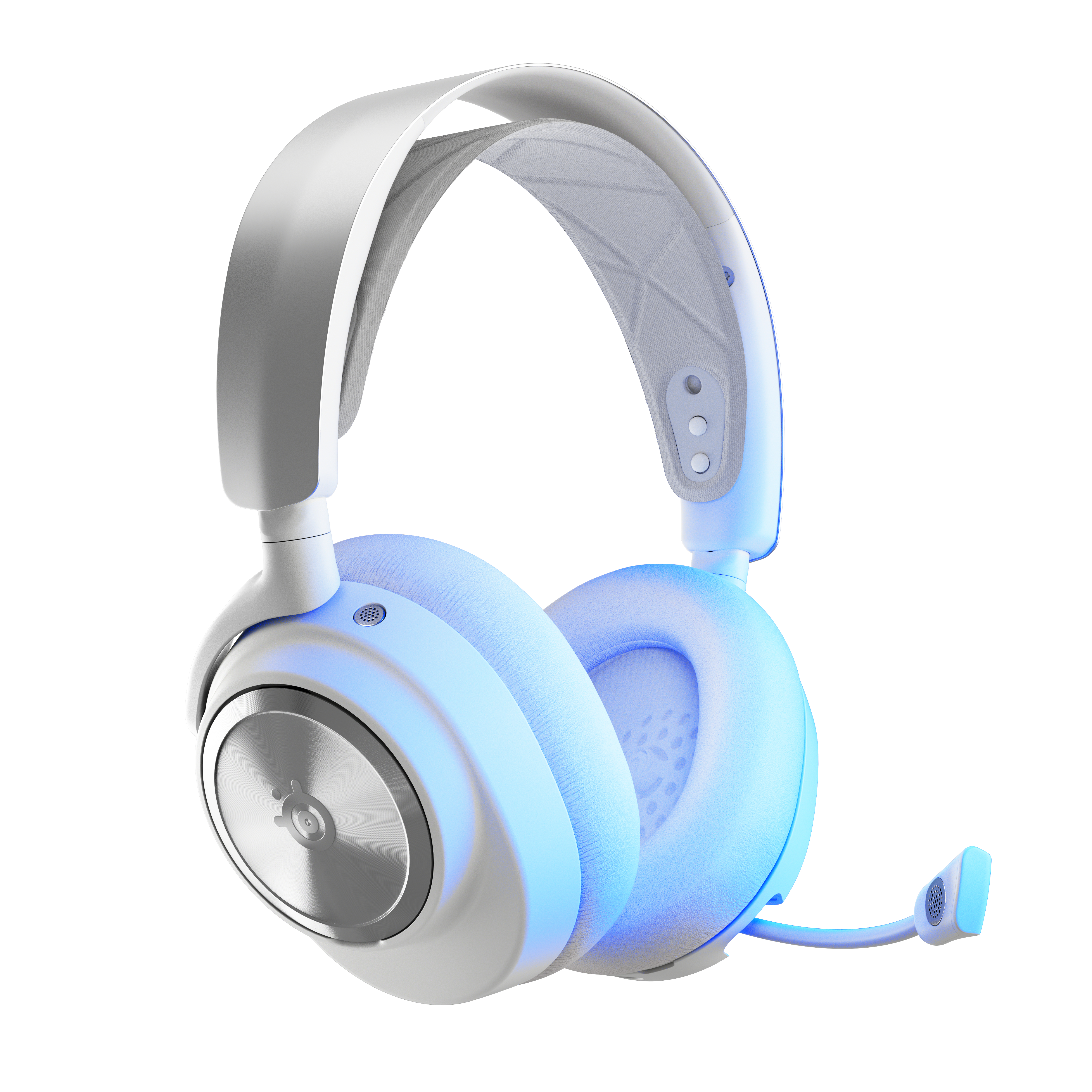 Weiß-silbernes Gaming-Headset mit blauem Glanz und Mikrofon, vor weißem Hintergrund.