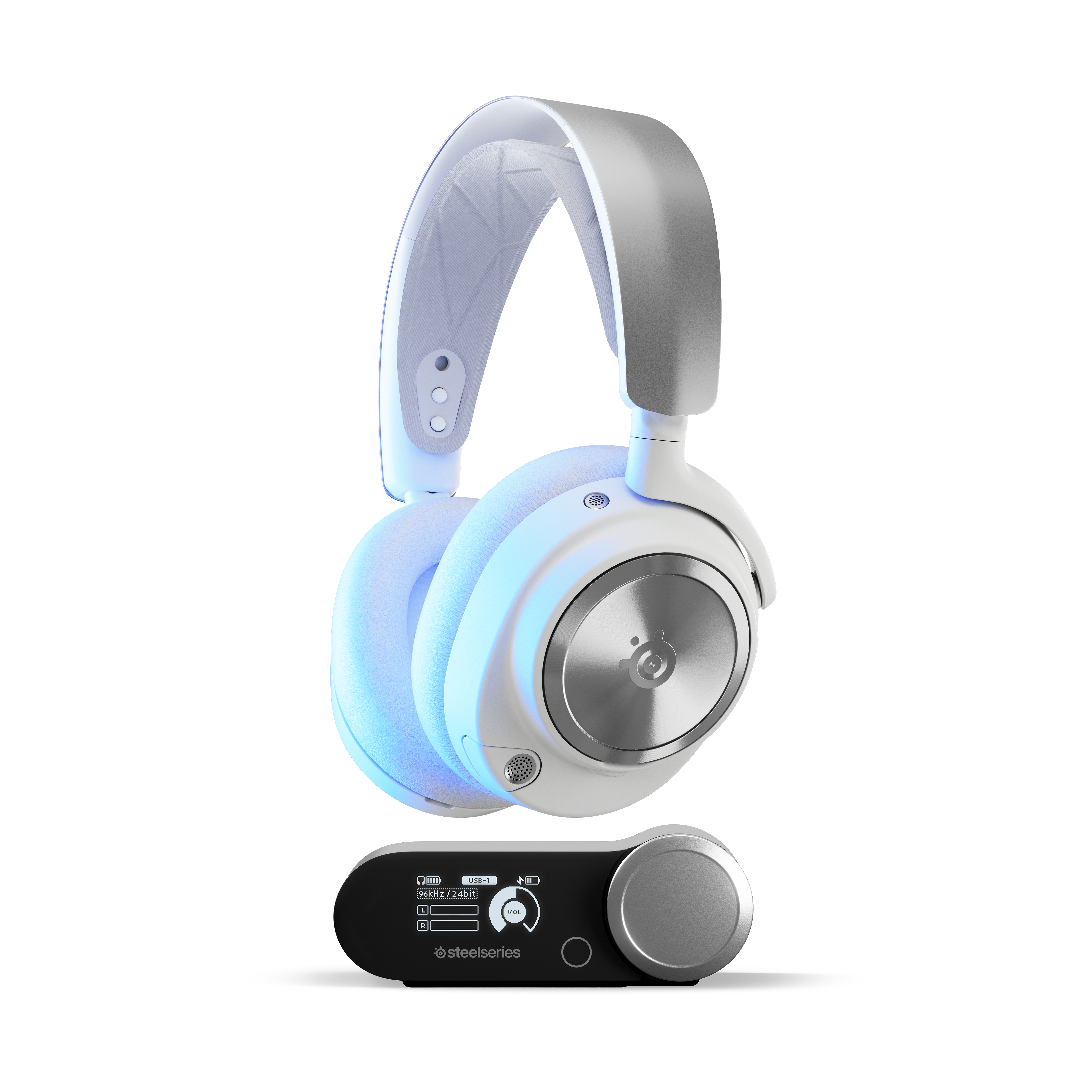 Weiße und silberne Kopfhörer mit Bedieneinheit. Die Kopfhörer sind Over-Ear-Modell.