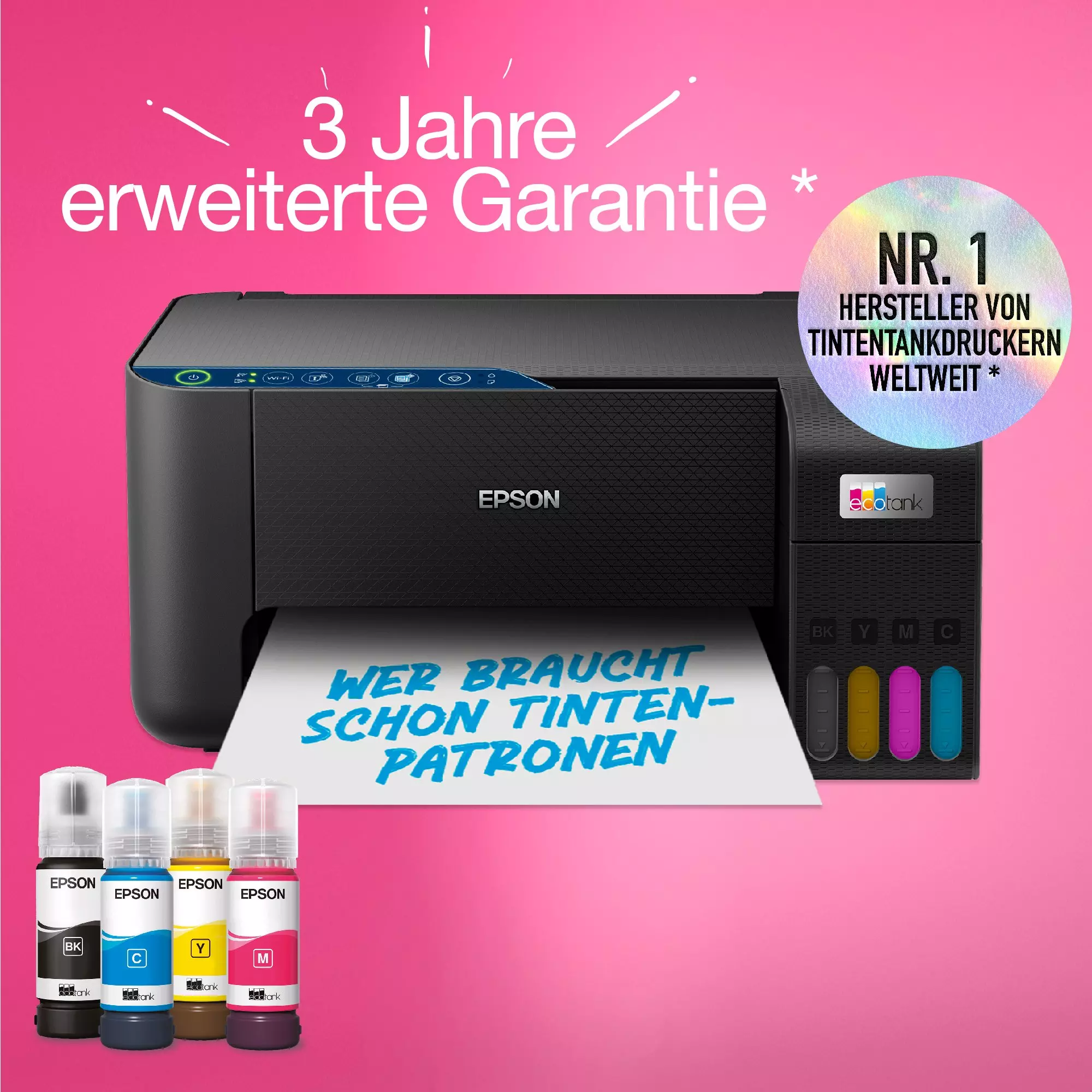 Epson-Drucker mit Tintenflaschen und Text, der eine erweiterte Garantie und einen Bestseller-Anspruch bewirbt.