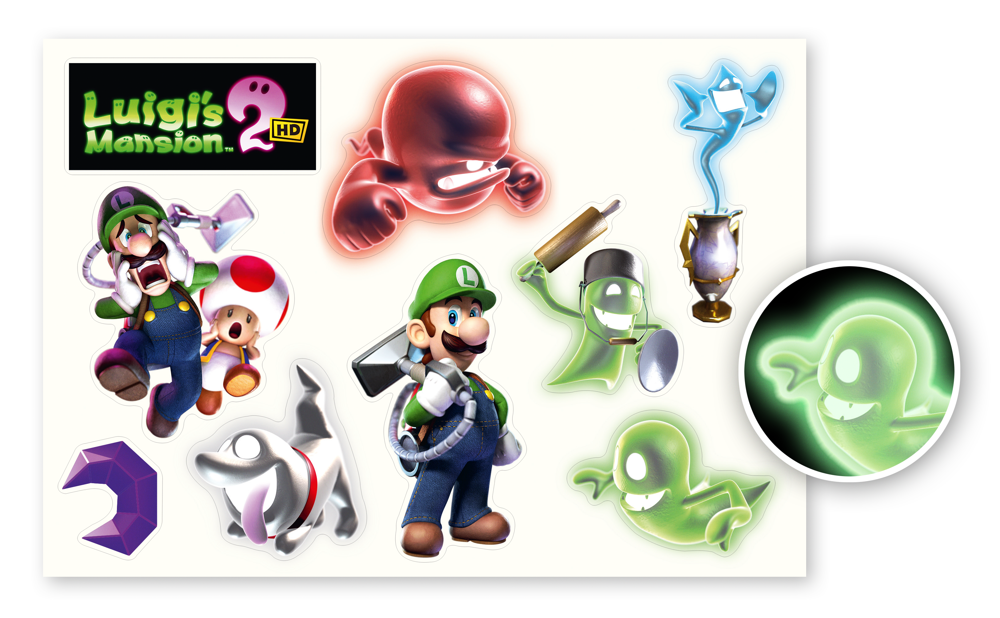 Naklejki z gry Luigi's Mansion 2 HD. Luigi i duchy są na nich.