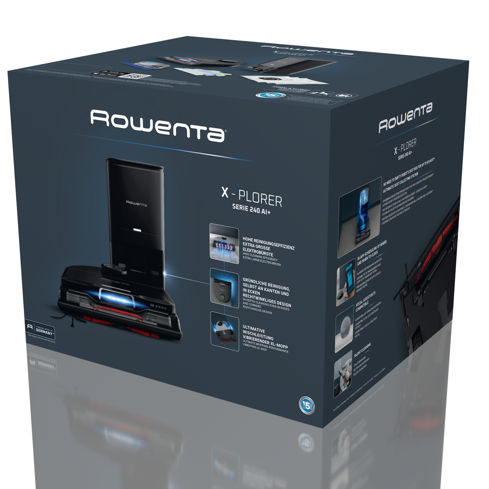 Rowenta X-Plorer robotporszívó doboza, amely a terméket és annak funkcióit mutatja.
