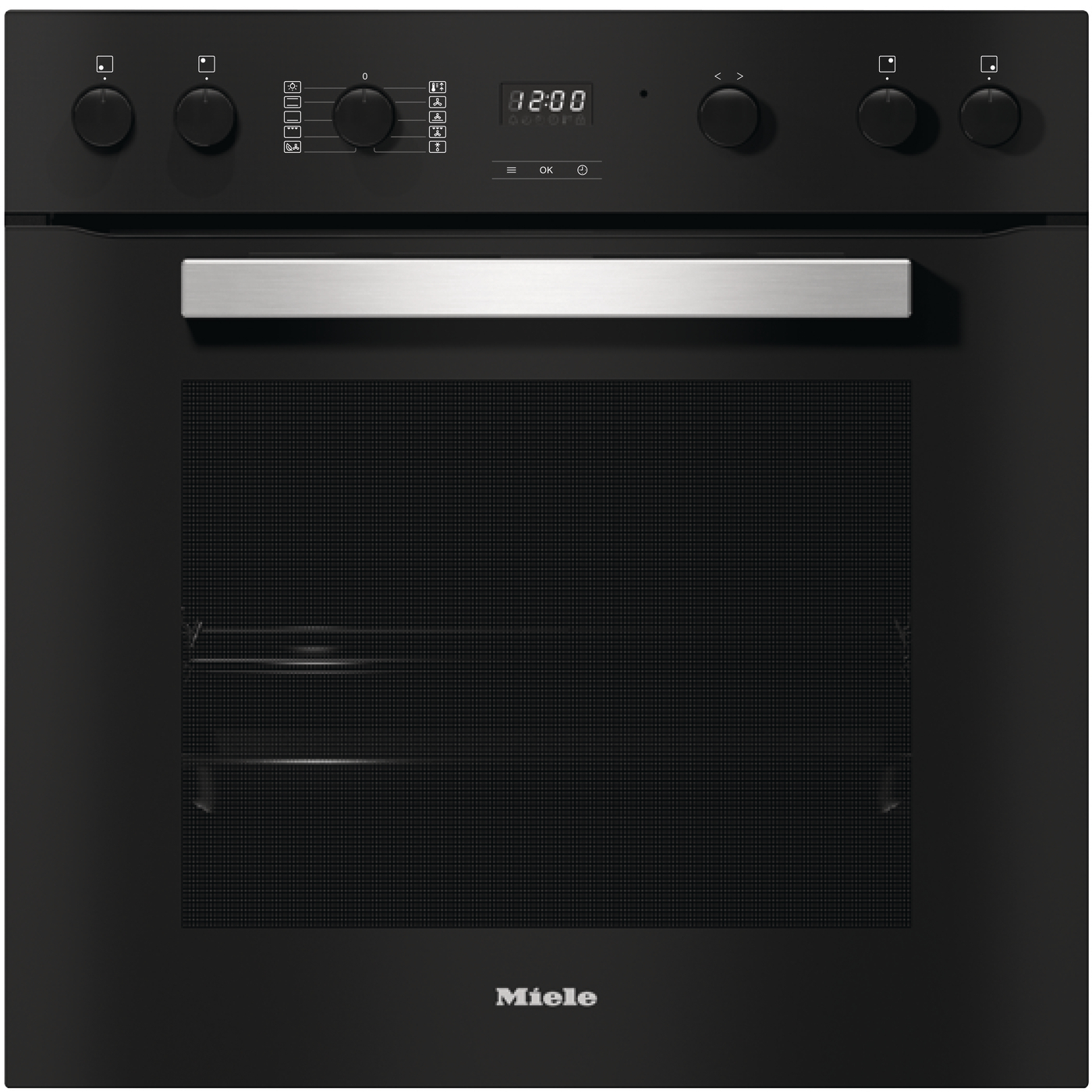 Schwarzer Ofen mit Bedienelementen, Digitaluhr. Metallgriff und Glastür. Miele-Logo unten.