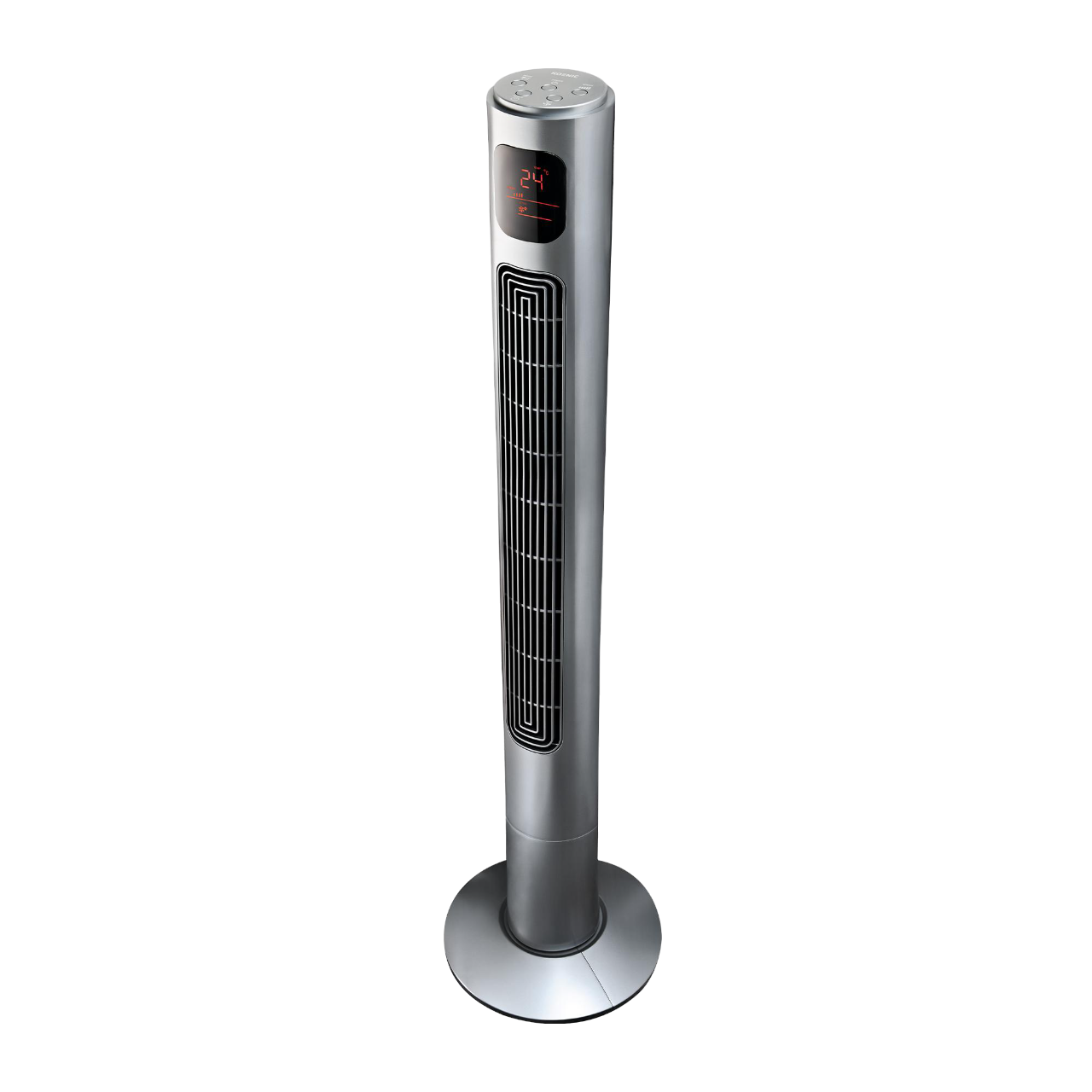 Silberner Turmventilator. Er ist hoch und schlank. Hat eine Digitalanzeige.