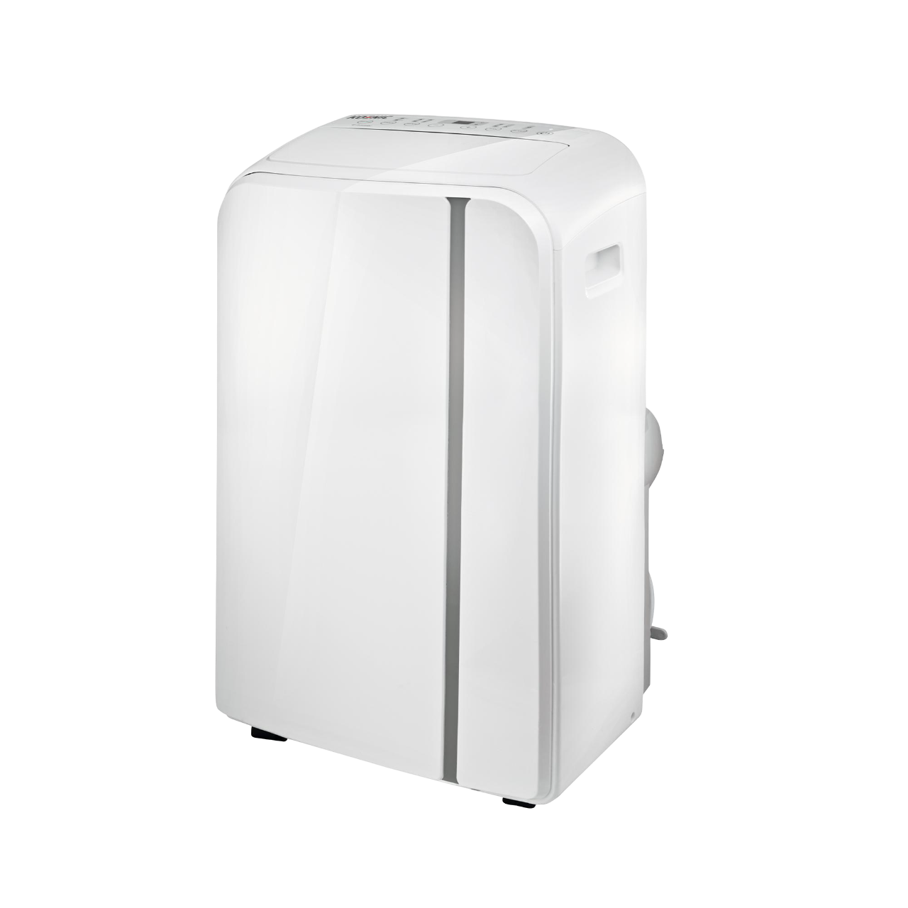 Weißes tragbares Klimagerät. Es hat ein schlankes Design mit Griff und Lüftungsschlitz.