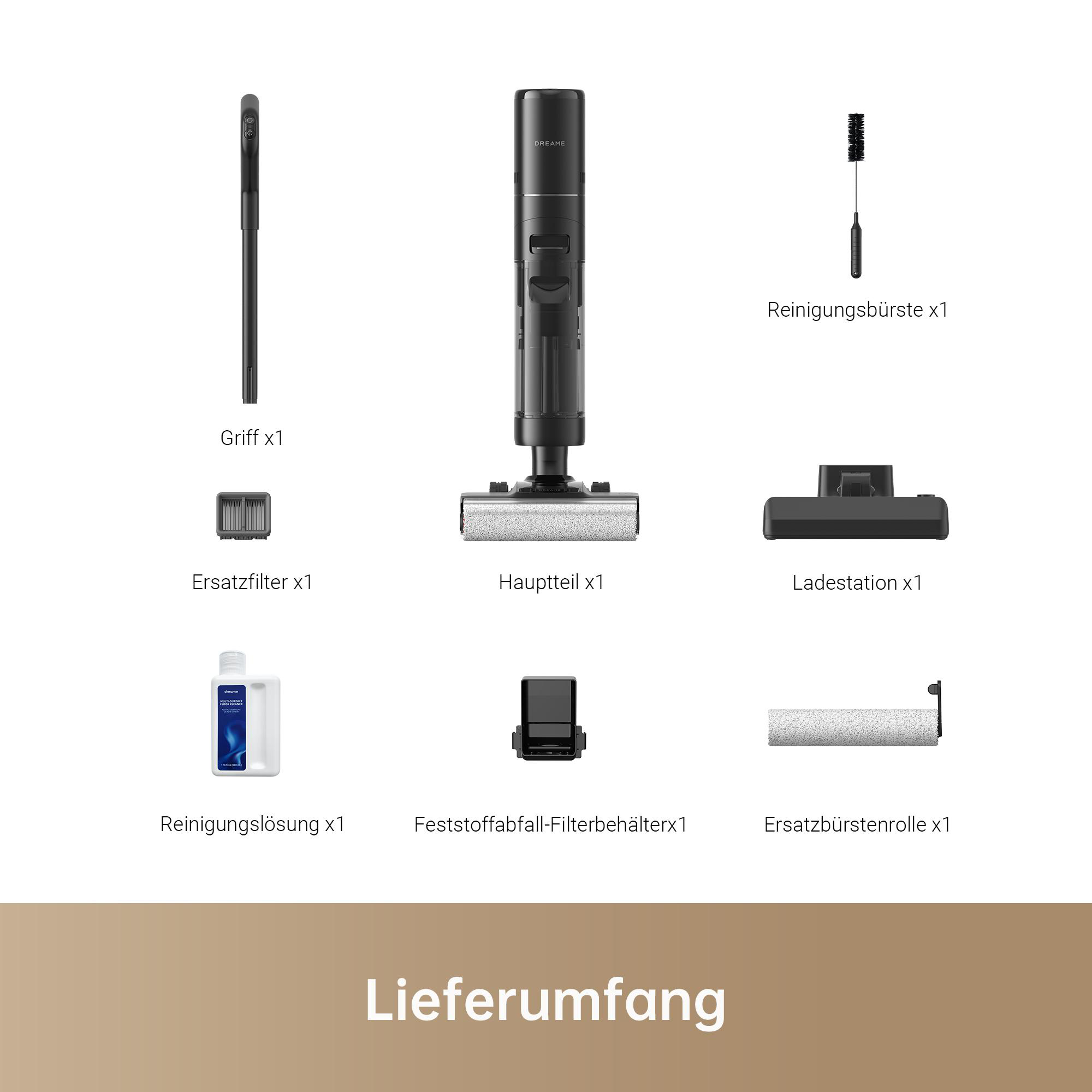Staubsaugerteile und Zubehör: Griff, Hauptteil, Filter, Reinigungslösung und Bürstenköpfe.