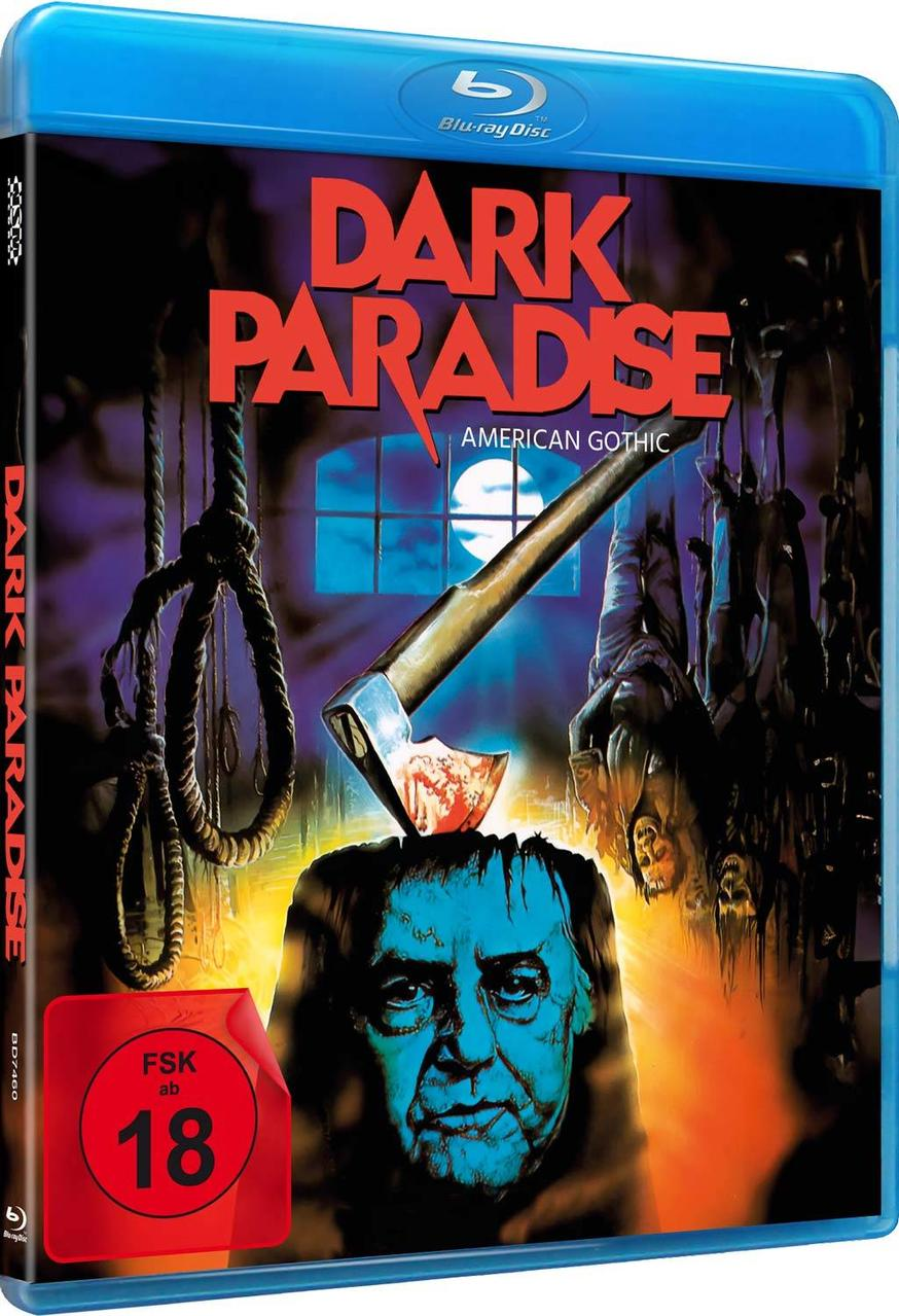Filmcover für "Dark Paradise" mit einem erschreckenden Bild und dem FSK 18 Logo.