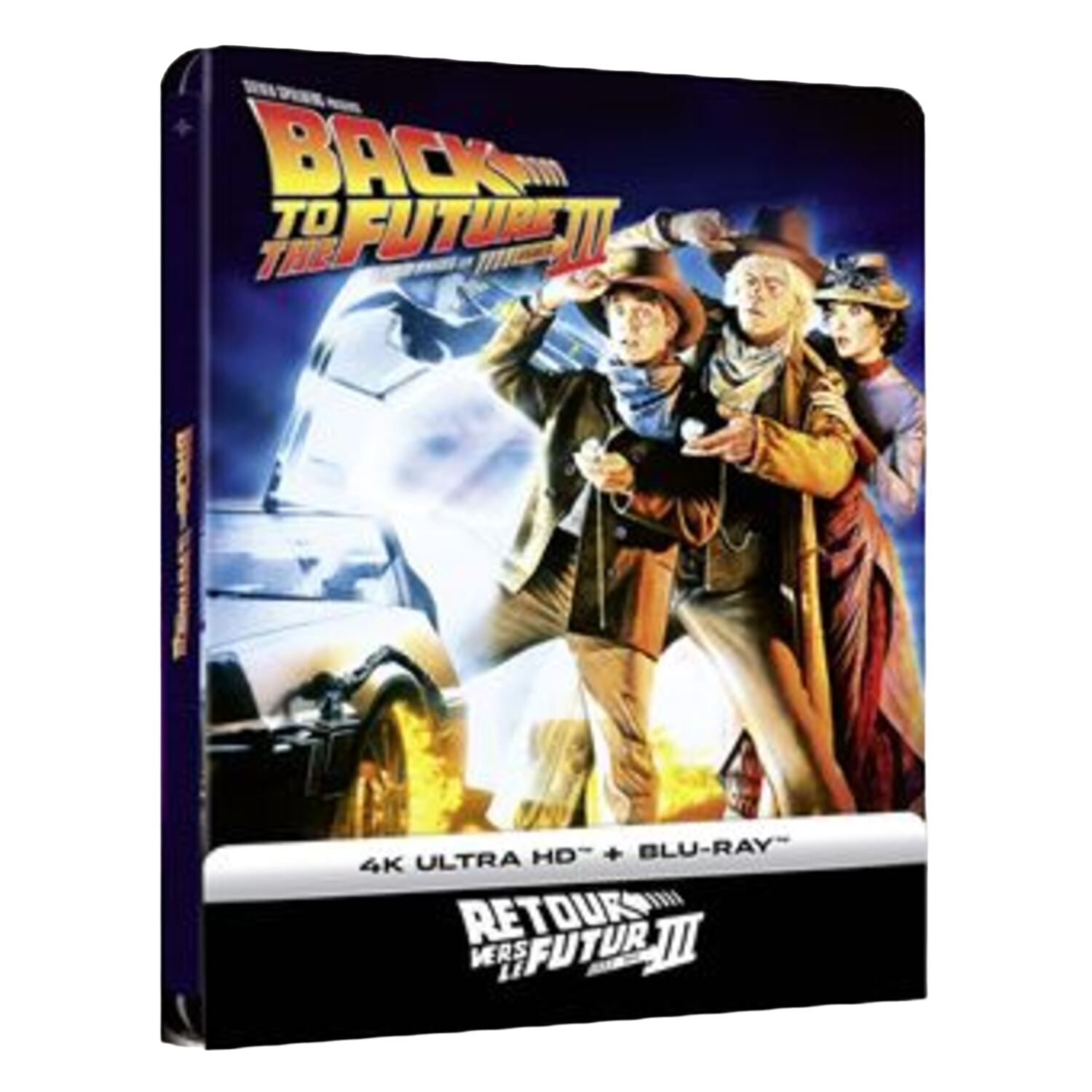 Couverture Blu-ray : Retour vers le Futur III, avec des personnages en tenue de cow-boy devant une voiture.
