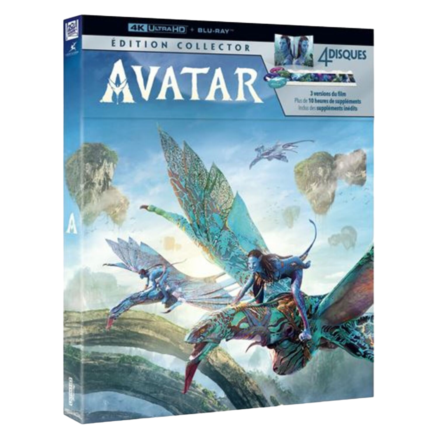 Avatar Blu-ray box art. Een personage rijdt op een draak over zwevende bergen.