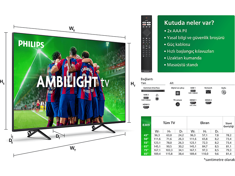 PHILIPS 65PUS8309/62 65 inç 164 Ekran 4K UHD Dolby Vision Dolby Atmos Titan OSAmbilight LED TV_1