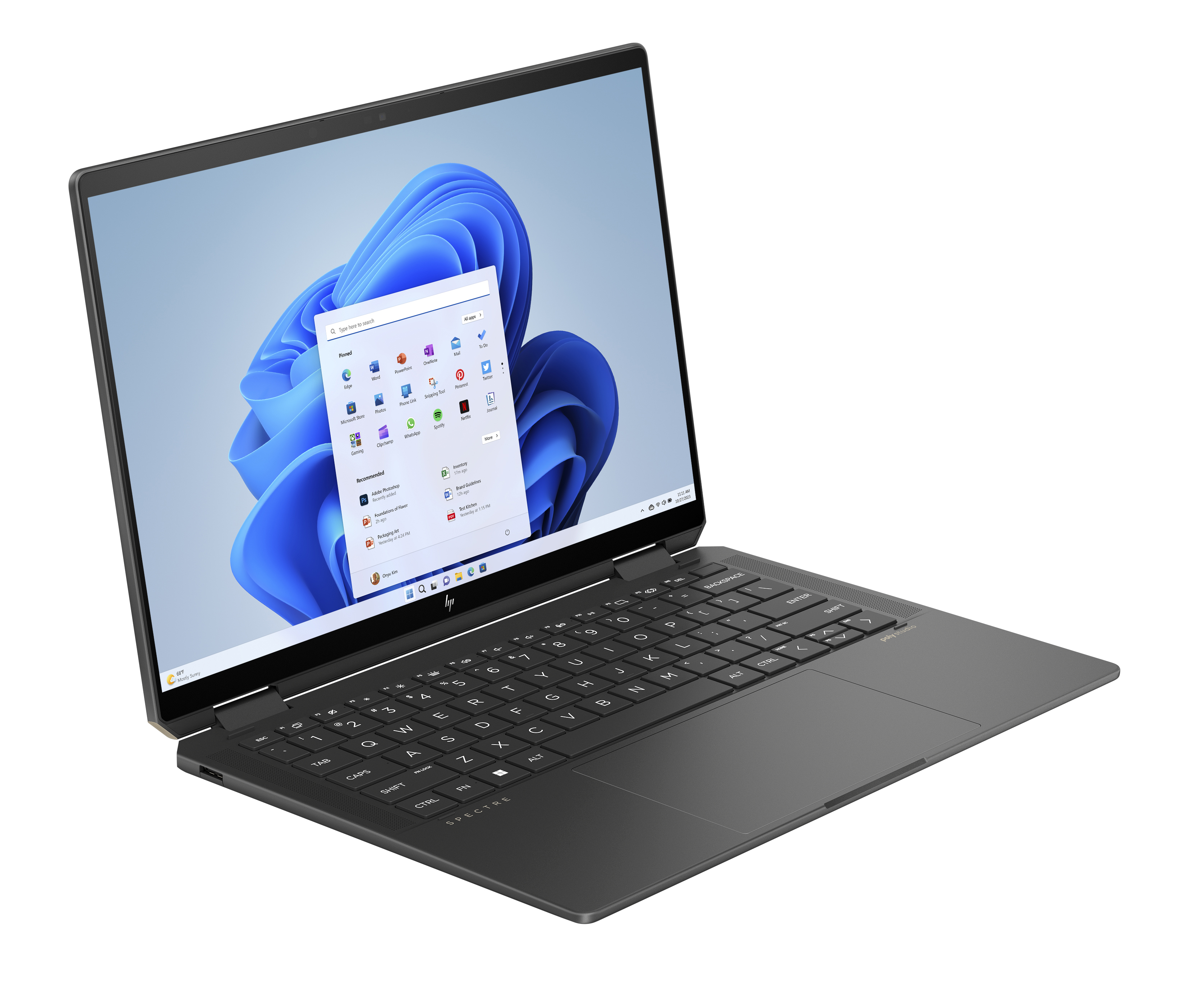 Windows 11 arayüzünü gösteren siyah bir dizüstü bilgisayar. Açık, klavye ve dokunmatik yüzey görünüyor.