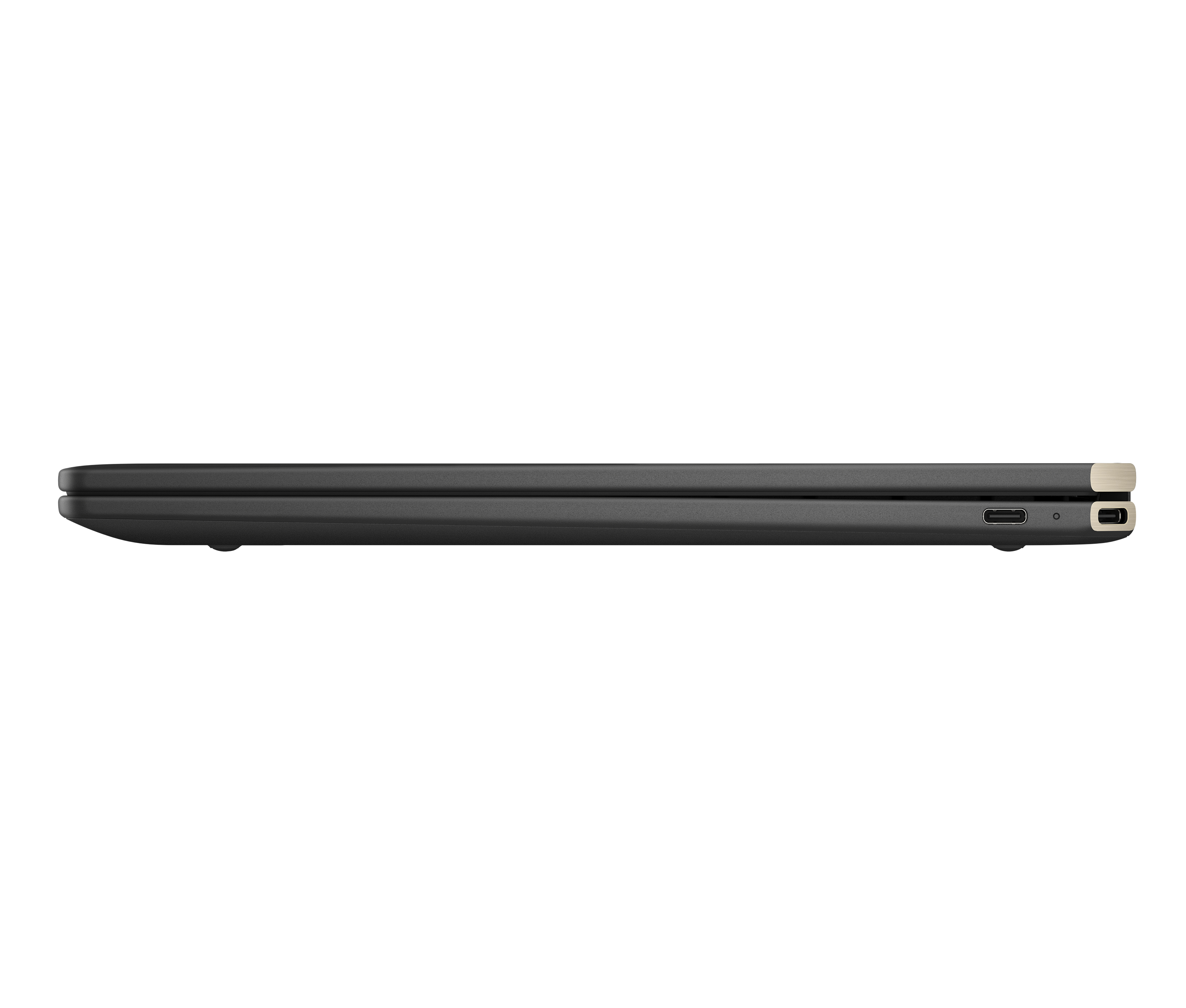 Beyaz zemin üzerinde kapalı siyah bir dizüstü bilgisayarın yan görünümü, USB-C portu görünür.