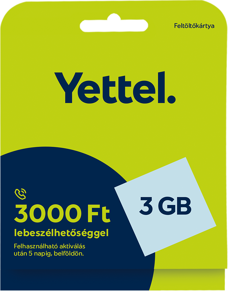 Yettel feltöltőkártya élénk dizájnnal. A kártyán 3000 Ft és 3 GB adat szerepel.