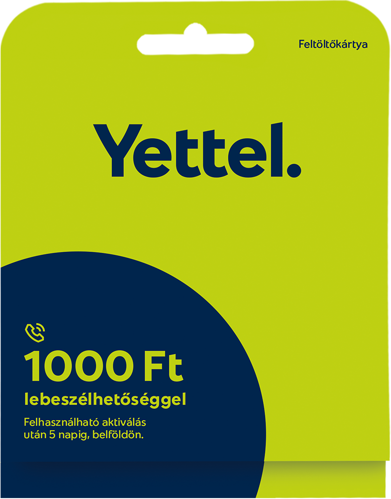 Egy Yettel feltöltőkártya zöld és kék dizájnnal, '1000 Ft' felirattal és telefon ikonnal.