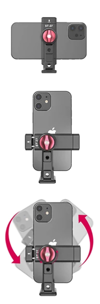 Egy telefon fekete tartóra van szerelve. A tartó forgathatja a telefont.