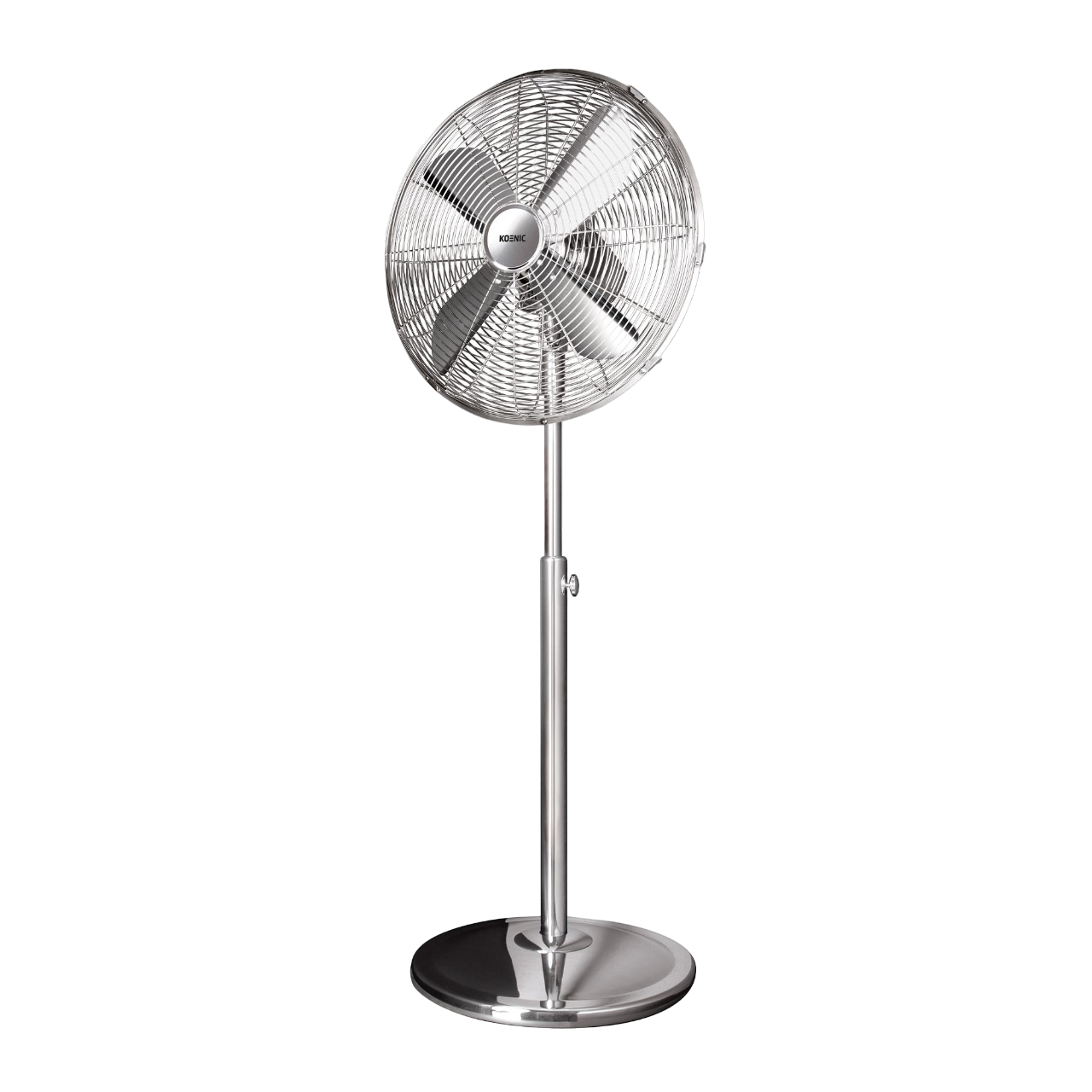 Silberner Kosnic Standventilator mit rundem Sockel und höhenverstellbar.