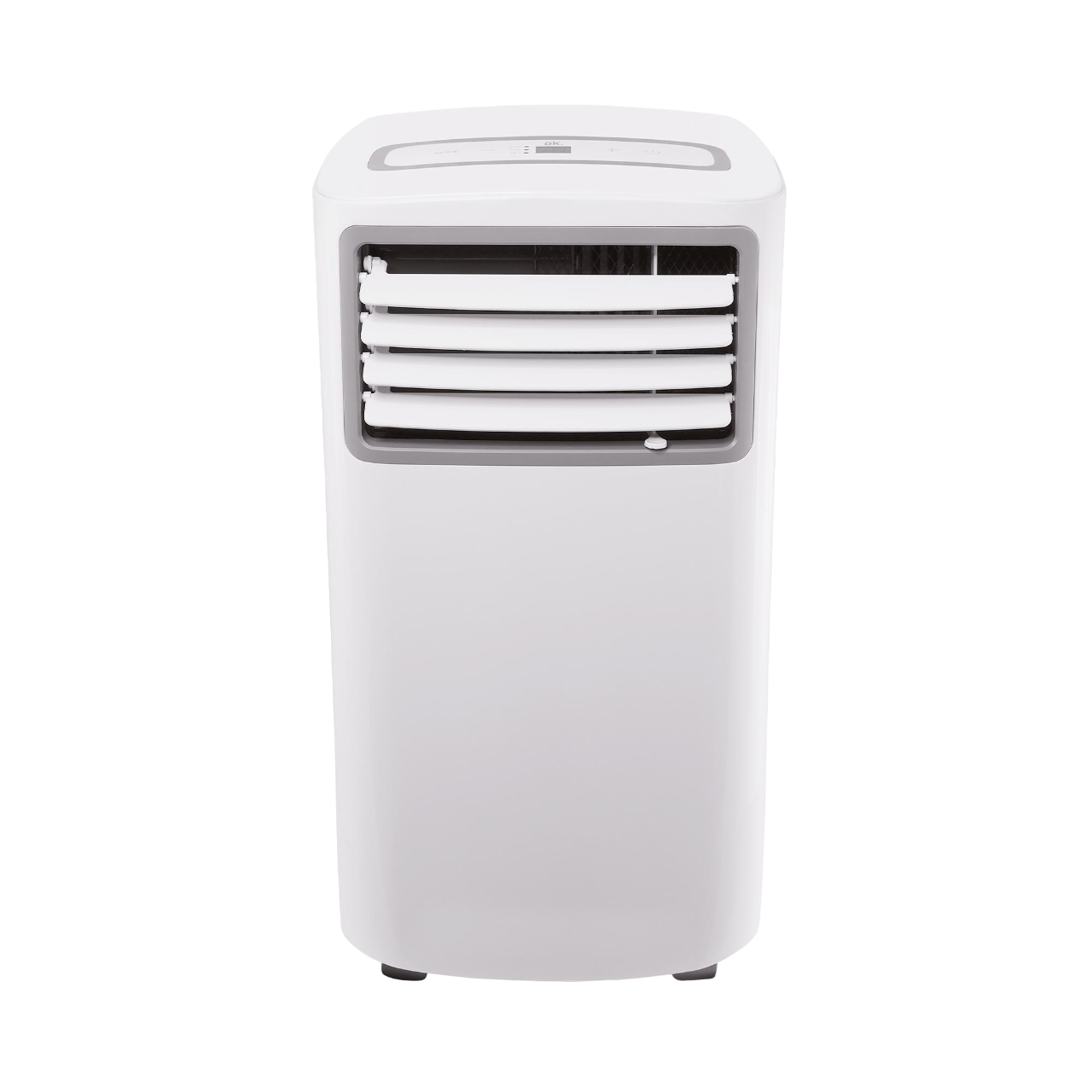 Ein weißes tragbares Klimagerät wird gezeigt. Es hat mehrere horizontale Lüftungsschlitze und eine graue Oberseite.